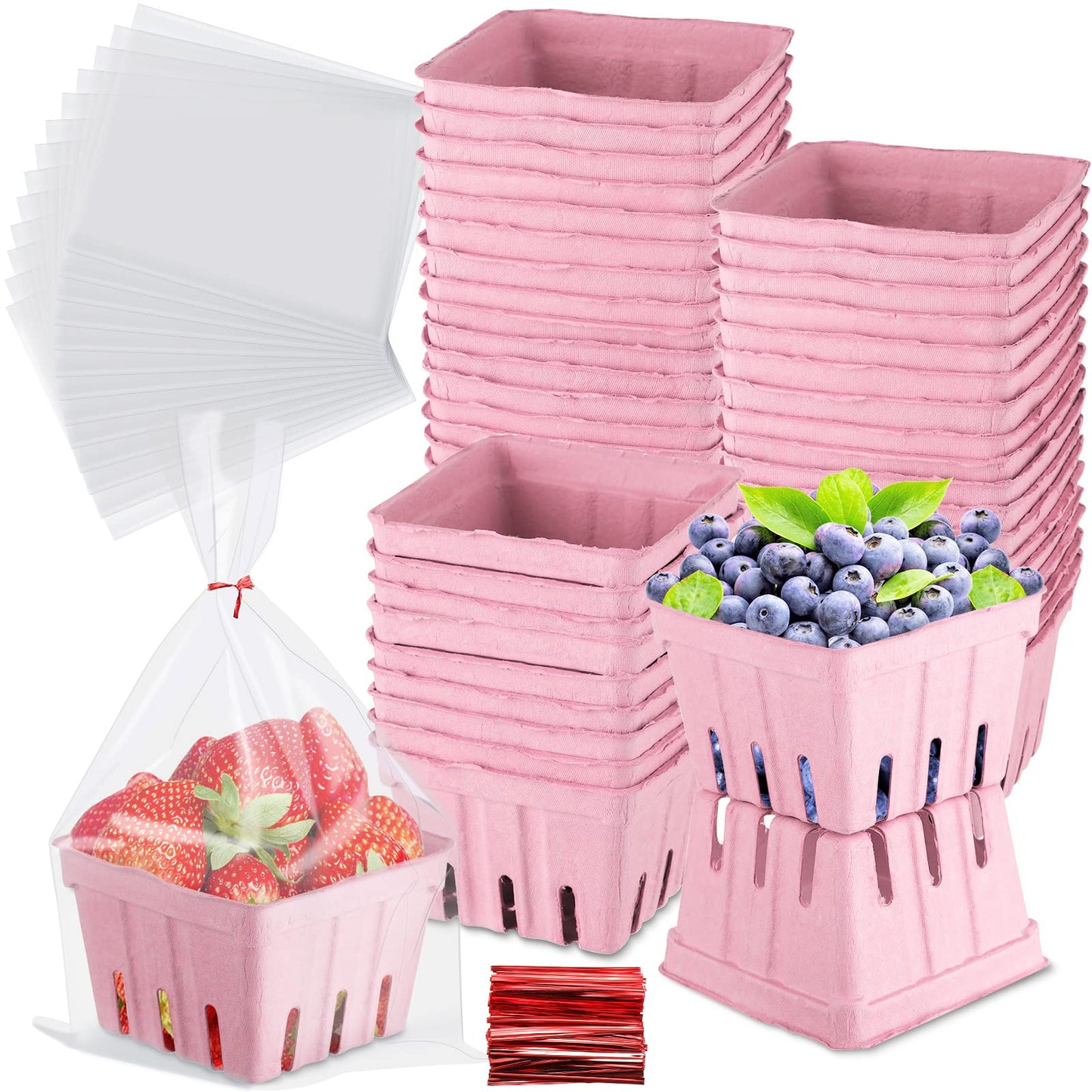 Amyhill 100 Pack Pink Pulp Fiber Berry Basket Set Include 100 Strawberry Fruit Basket and 100 Clear Packaging Bags with 100 Tie Strips Small Berry Container for Farmer Market Produce Storage