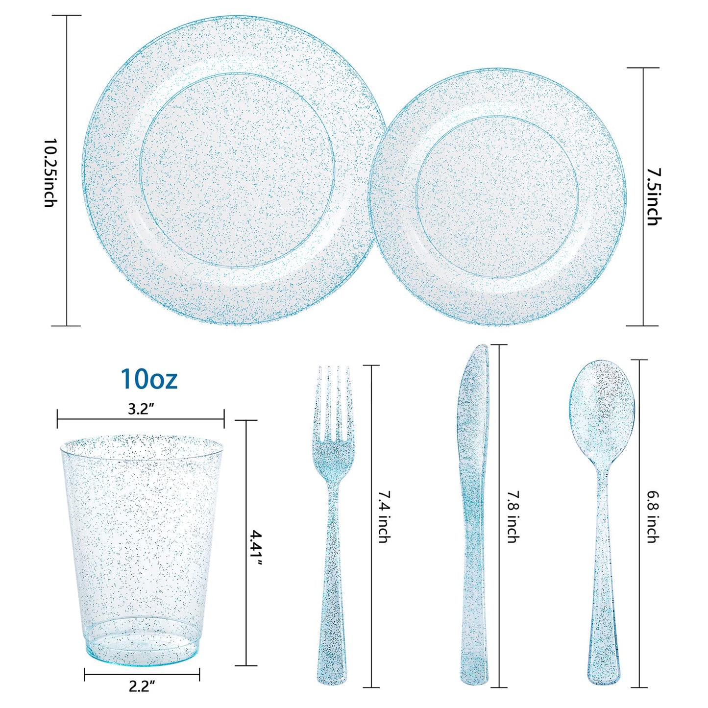 Rubtlamp 180Pcs Blue Glitter Dinnerware Set(30 Guests), Blue Plastic Plate With Gitter Disposable Silverware, Gitter Plate Set Include 30Dinner Platos, 30Dessert Platos, 90Cutlerys, 30Cups for Party