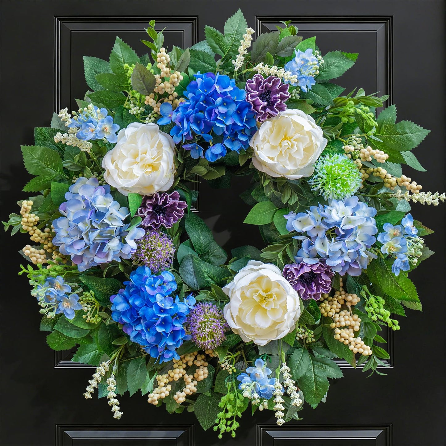 Pinkpuii 26 Inch Spring Wreaths for Front Door Outside– Large Artificial Summer Wreath with Blue Hydrangea, White Peony Flowers and Eucalyptus Leaves– Indoor Outdoor Porch Farmhouse Home Wall Décor