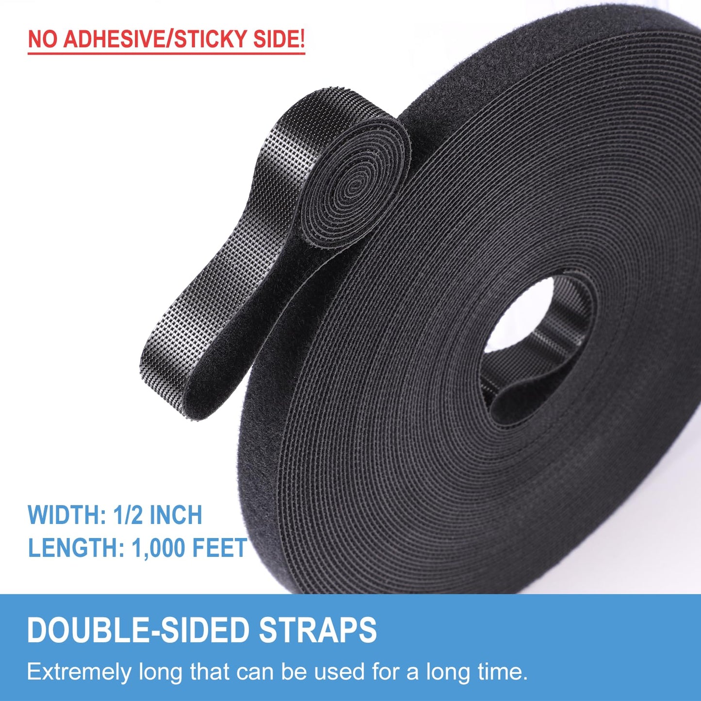 1/2in x 1,000ft Hook and Loop Roll | Double-Sided Strips, Self-Gripping Straps | Reusable Multi-Purpose Wrap Fasteners for Home, Office, Data Center, and More (100ft x 10 Packs)