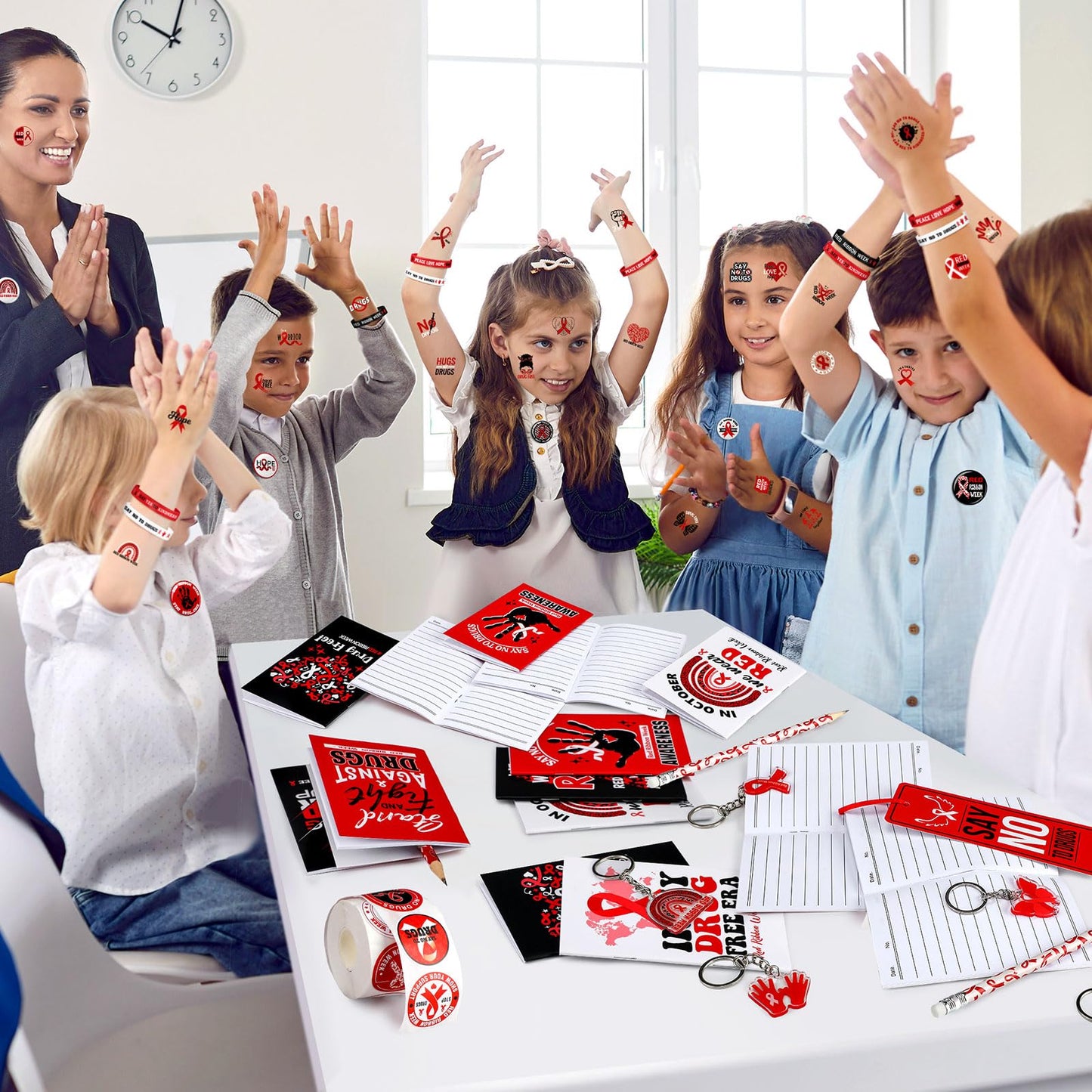 24 Sets Red Ribbon Week Supplies Bulk Include Red Ribbon Awareness Pin Notebook Bookmarks Drug Free Keychain Silicone Wristbands Pencils Stickers Tattoos for Student Teenage Say No to Drugs Event Gift