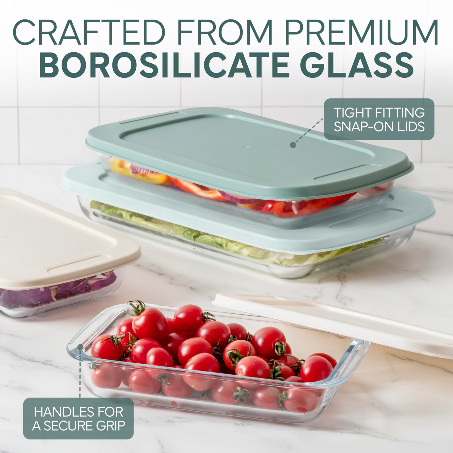 COOK WITH COLOR 8-Piece Deep Glass Baking Dish Set with Plastic Lids – Casserole and Food Storage Containers for Lasagna, Leftovers – Freezer-to-Oven, Microwave & Dishwasher Safe, Mint