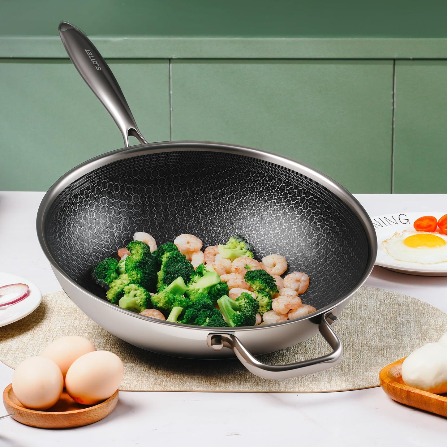 SLOTTET Hybrid 12-Inch Wok with Steamer,Nonstick Stainless Steel Woks & Stir-fry pans with Lid,Stay-Cool Handle,PFOA Free Cookware,Dishwasher and Oven Safe, Works on Induction