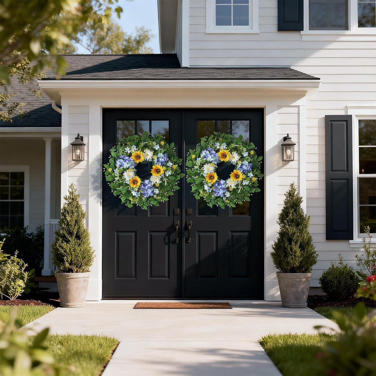 26" Large Artificial Flower Wreath for Front Door Outside – Spring Summer Wreath with Lifelike Sunflowers, Fake Blue Hydrangea Flowers for Indoor Outdoor Mantel,Window,Farmhouse,Home,Wall Decor