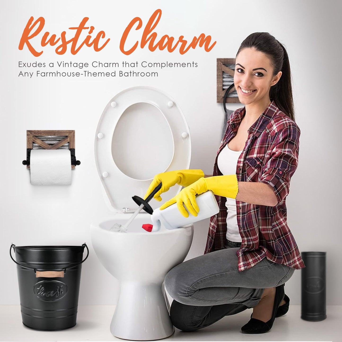 Autumn Alley Farmhouse Bathroom Trash Can and Toilet Brush Set - Rustic Bathroom Accessories for Charming Bathroom Décor, Matte Black Heavy Gauge Metal