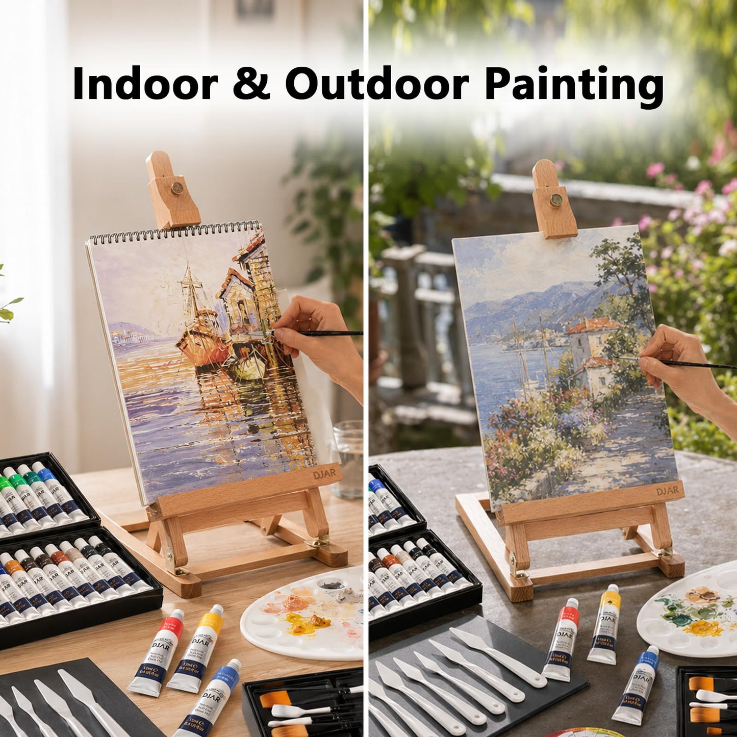DJAR 49 pcs Acrylic Art Set with 25" Art Easel, Adjustable Beech Wood Tabletop Wooden Easel for Painting, Painting Supplies with 24 Acrylic Paints, Canvas Panels, Palette for Teens, Adults, Students