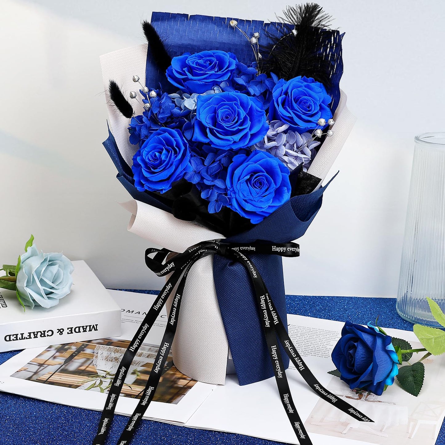 Tobilu Graduation Flowers Bouquet - Father Day Gifts Royal Blue Real Eternal Preserved Roses with Gift Box Card for Women Men Wife Birthday Anniversary Valentine