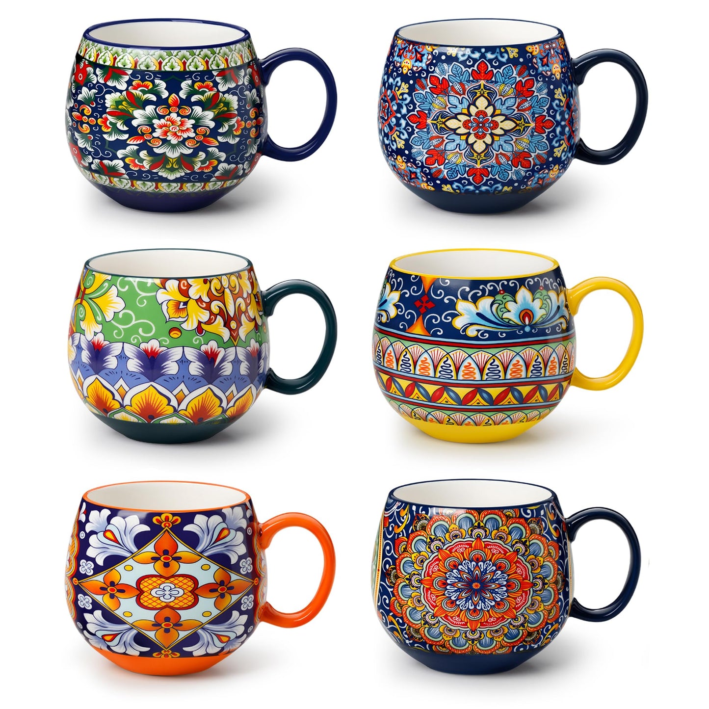 vancasso Coffee Mugs Set of 6, Coffee Cups Ceramic 18oz, Porcelain Coffee Mugs for Cappuccino, Latte, Espresso, Colorful Coffee Mugs with Handle, Rounded Boho Mugs, Microwave & Dishwasher Safe