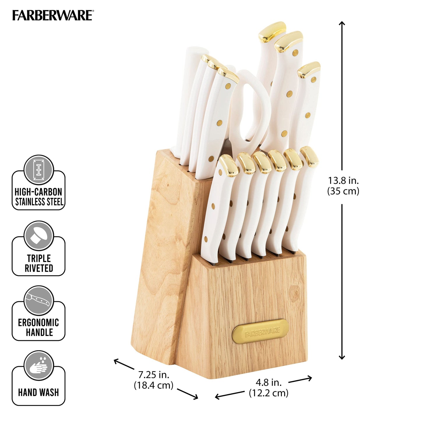 FARBERWARE 15-Piece Knife Block Set, Triple-Riveted High-Carbon Stainless Steel Kitchen Knives, Razor Sharp Blades, Wood Storage Block, White/gold