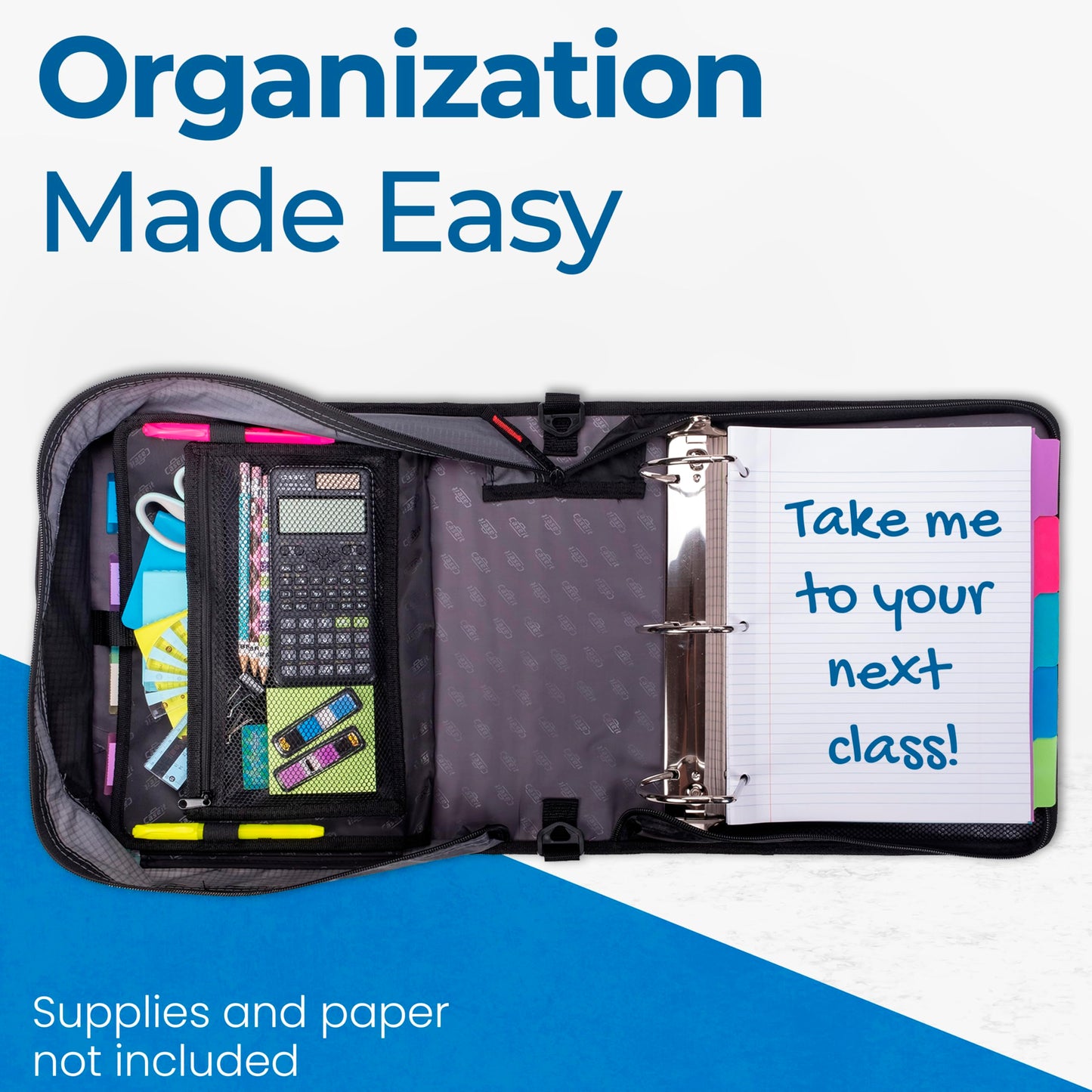 Case-it King Sized Zip Tab School Zipper Binder | 4-Inch D-Rings, 800 Sheet Capacity, 5-Subject Expanding File Folder, Multiple Pockets & Storage Organizer, Shoulder Strap | D-186 Jet Black
