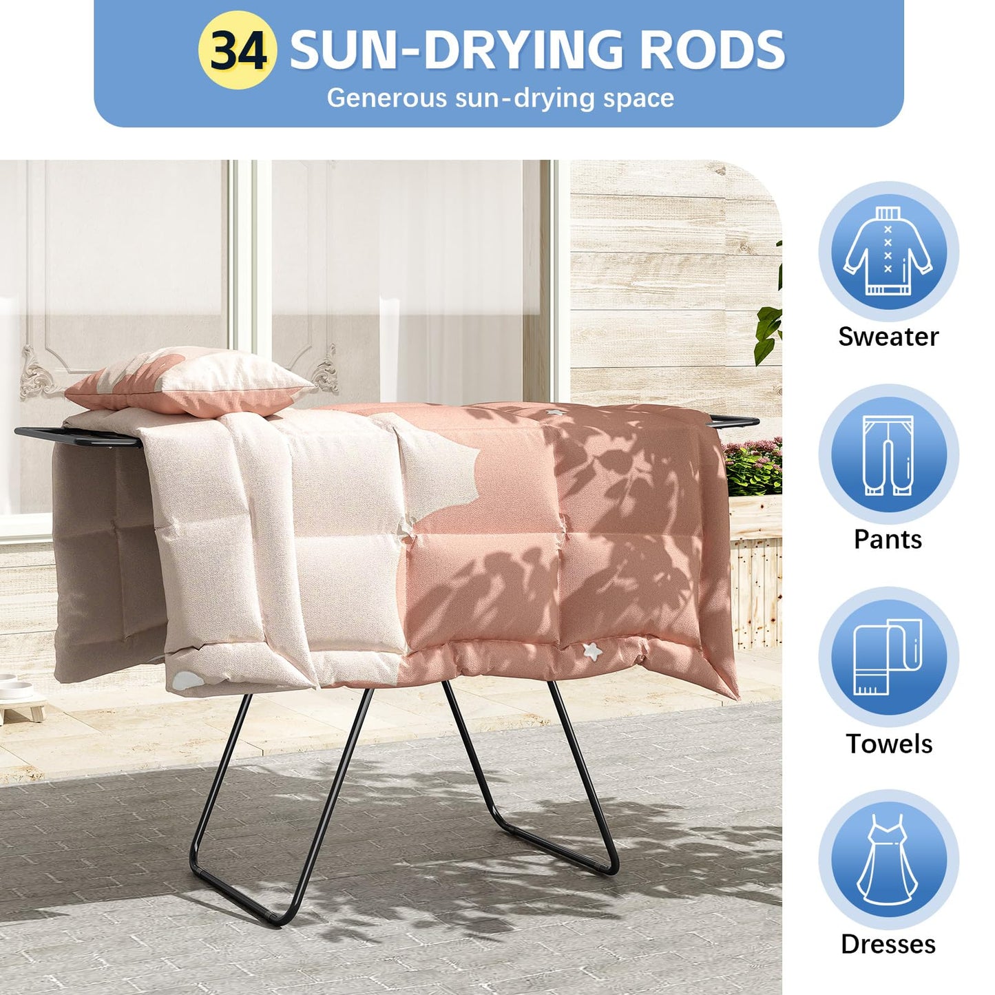 KINGBOARD Clothes Drying Rack Foldable, Drying Rack Clothing with Height-Adjustable, Metal Laundry Rack, Indoor Outdoor Use, No Assembly, 20.47"x 70"x 42.52", Black