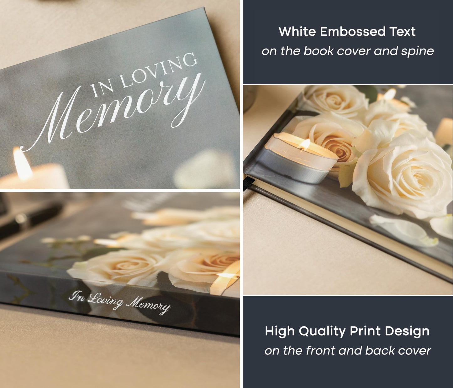 Modern Album Designs Rose Hardcover Funeral Guest Book - 9.5 x 7 Celebration of Life Guestbook for Memorial Service with 5x7 Paper Sign, Pen, Black Photo Corner Stickers