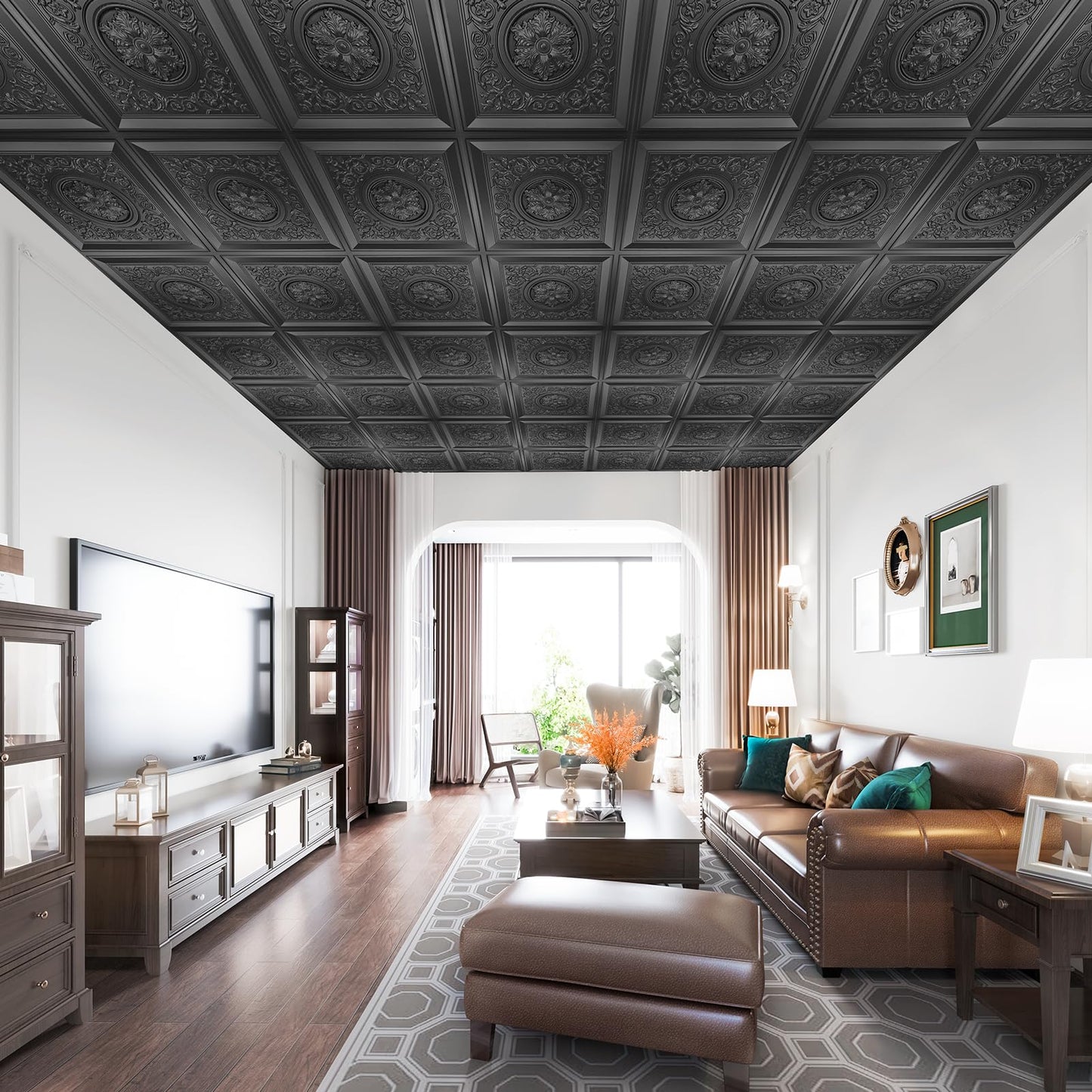 WOWSTAR 12-Pack 24"x24" Drop Ceiling Tiles, Waterproof Glue Up Vintage Style 3D Ceiling Tiles, Black