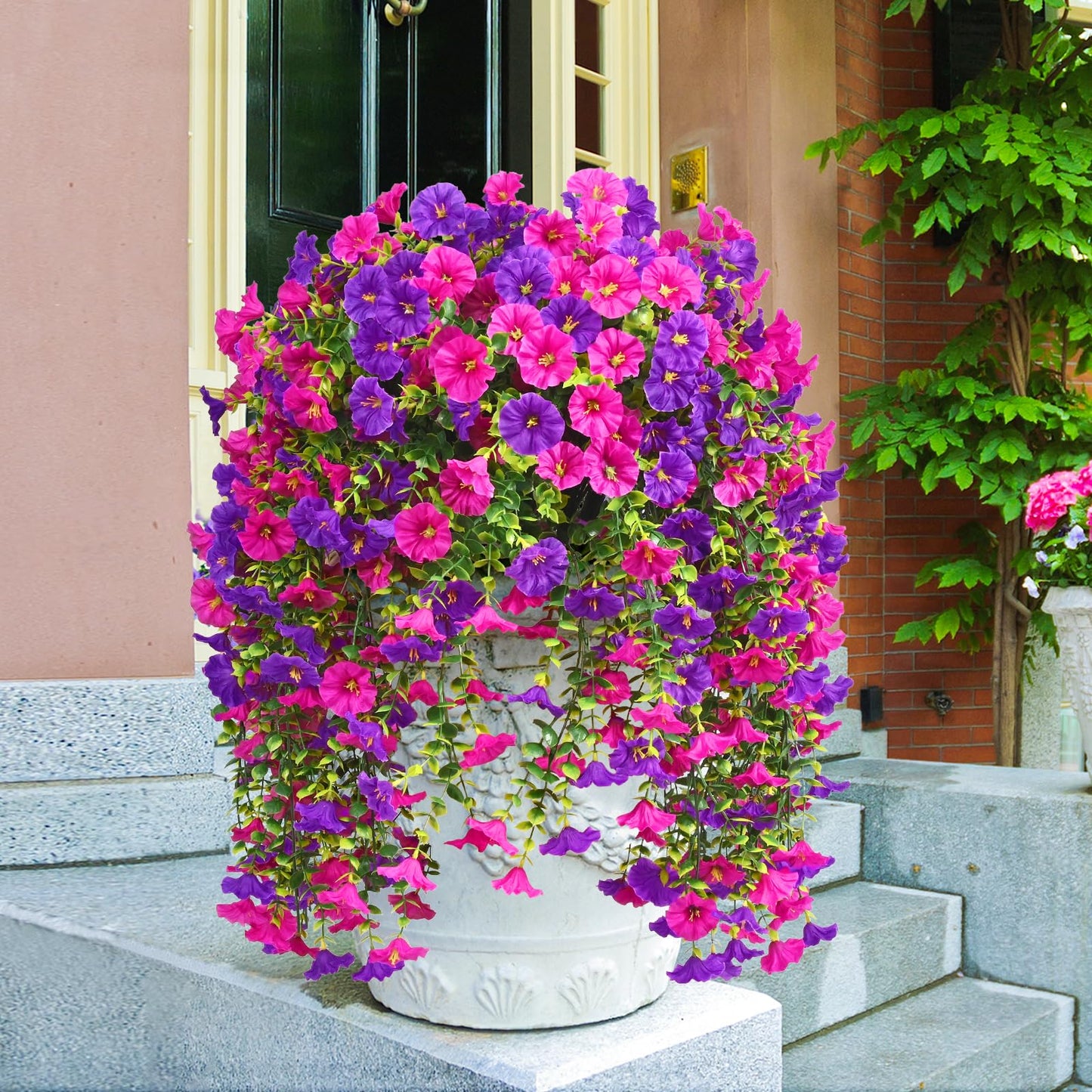 Dolicer 4 Packs Look Real Artificial Flowers for Outdoors, Fake Artificial Hanging Flowers for Outdoors Realistic UV Resistant Hanging Flowers Silk Petunia Faux Flowers for Porch Patio(Purple+Fuchsia)