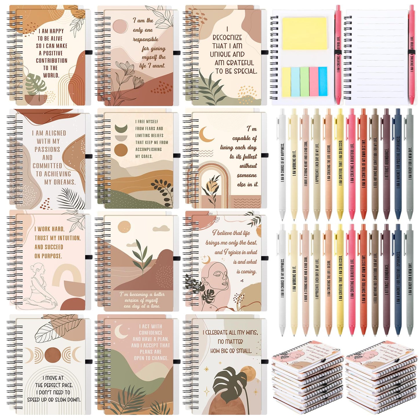 Kosiz 48 Pcs/24 Set Positive Affirmation Gifts for Women Bulk Gratitude Spiral Notebook Journals with Pens Self Care Mental Health Gifts Employee Coworker Teacher Nurse Volunteer Mothers Day (Boho)