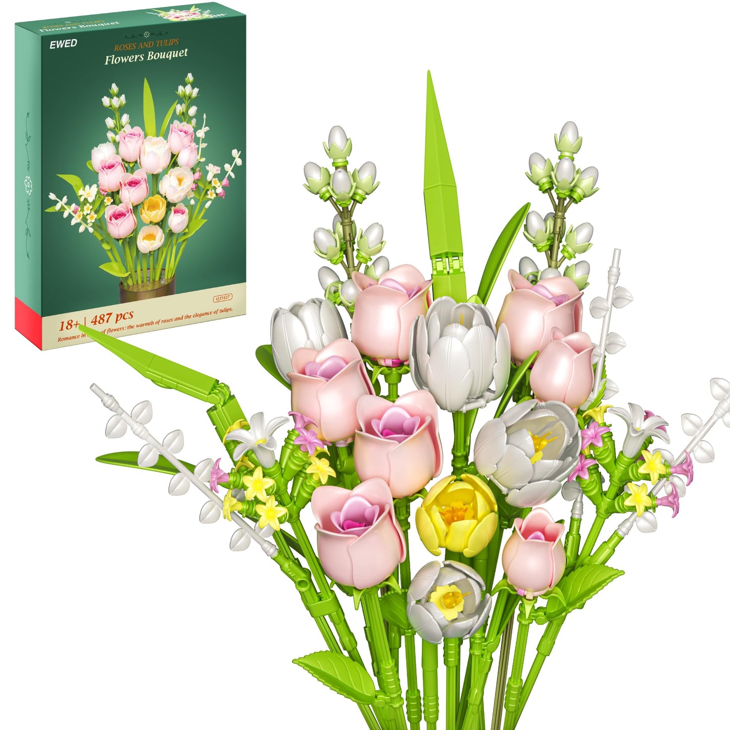 EWED Tulip Rose Flowers Building Sets, Gift for Mothers Day, Flower Bouquet Compatible with Lego Flowers Botanical Collection for Adults Women Girl Girlfriend Birthday Valentine Day Home Office Decor