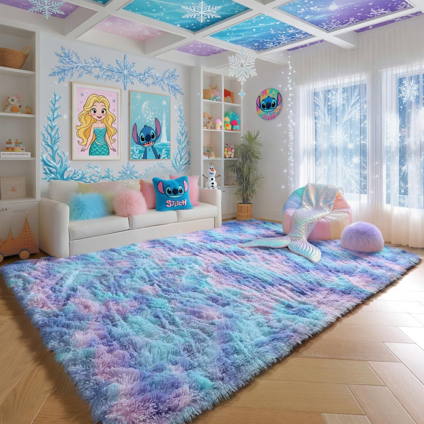 PAGISOFE Soft Purple Rainbow Rugs for Living Room,Fluffy 5x7 Area Rug, Plush Adorable Kawaii Rug for Bedroom Kids Room Baby Nursery,Girls Room Decor Mermaid Rugs Fuzzy Fur Pastel Carpet,Cozy Cloud Rug