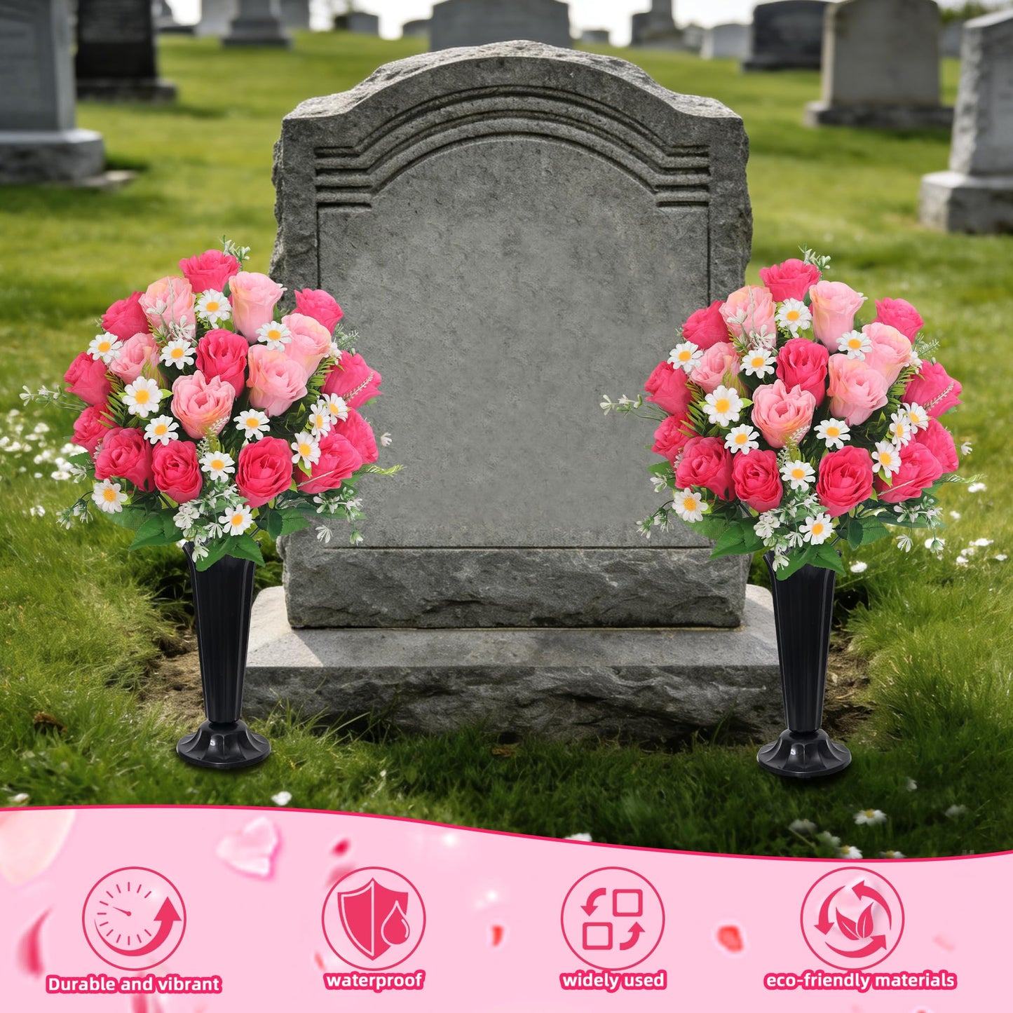 Wocst Artificial Cemetery Flowers for Grave Memorial Day Flowers for Cemetery,2Pack Artificial Silk Roses Daisy Bouquets with Cemetery Vases for Outdoor Grave Decorations ﻿ (Pink)
