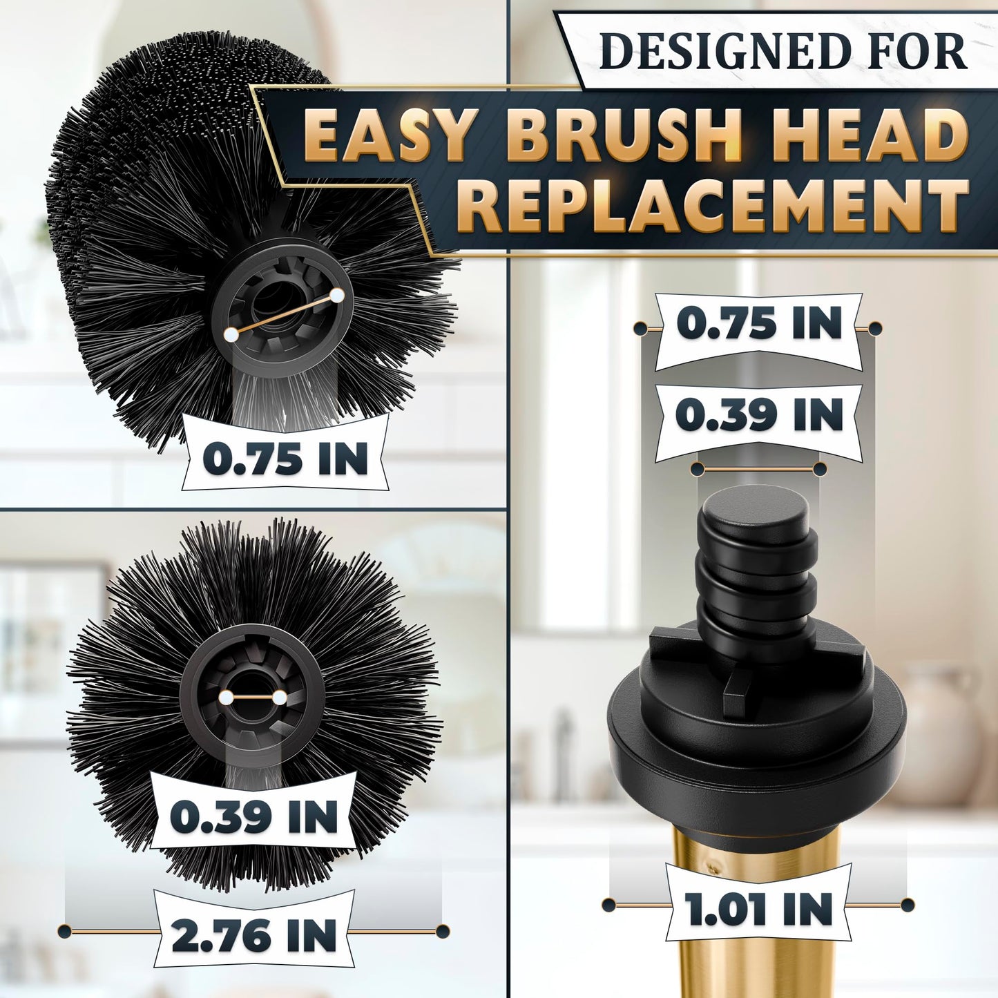 Gold Toilet Brush and Holder Set - Free-Standing Stainless Steel Gold Toilet Bowl Brush and Holder with Replaceable Head, Removable Inner Bowl, and Splash Guard - Dense Bristles for Thorough Cleaning