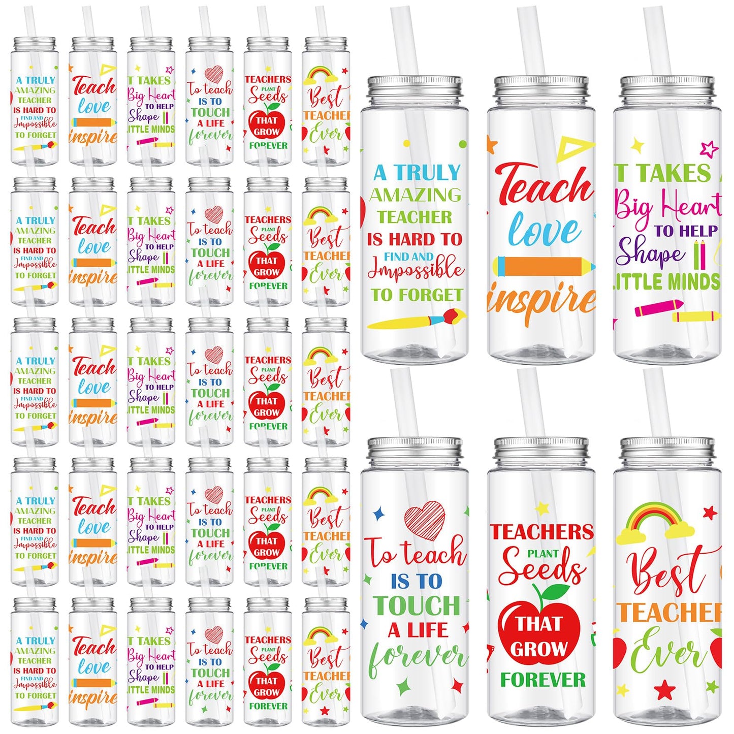Ziliny 36 Pcs Teacher Appreciation Gift Teacher Cups Bulk 14.2oz Thank You Cups with Lid and Straw Inspirational Cold Drinking Cup for Coworker Stuff