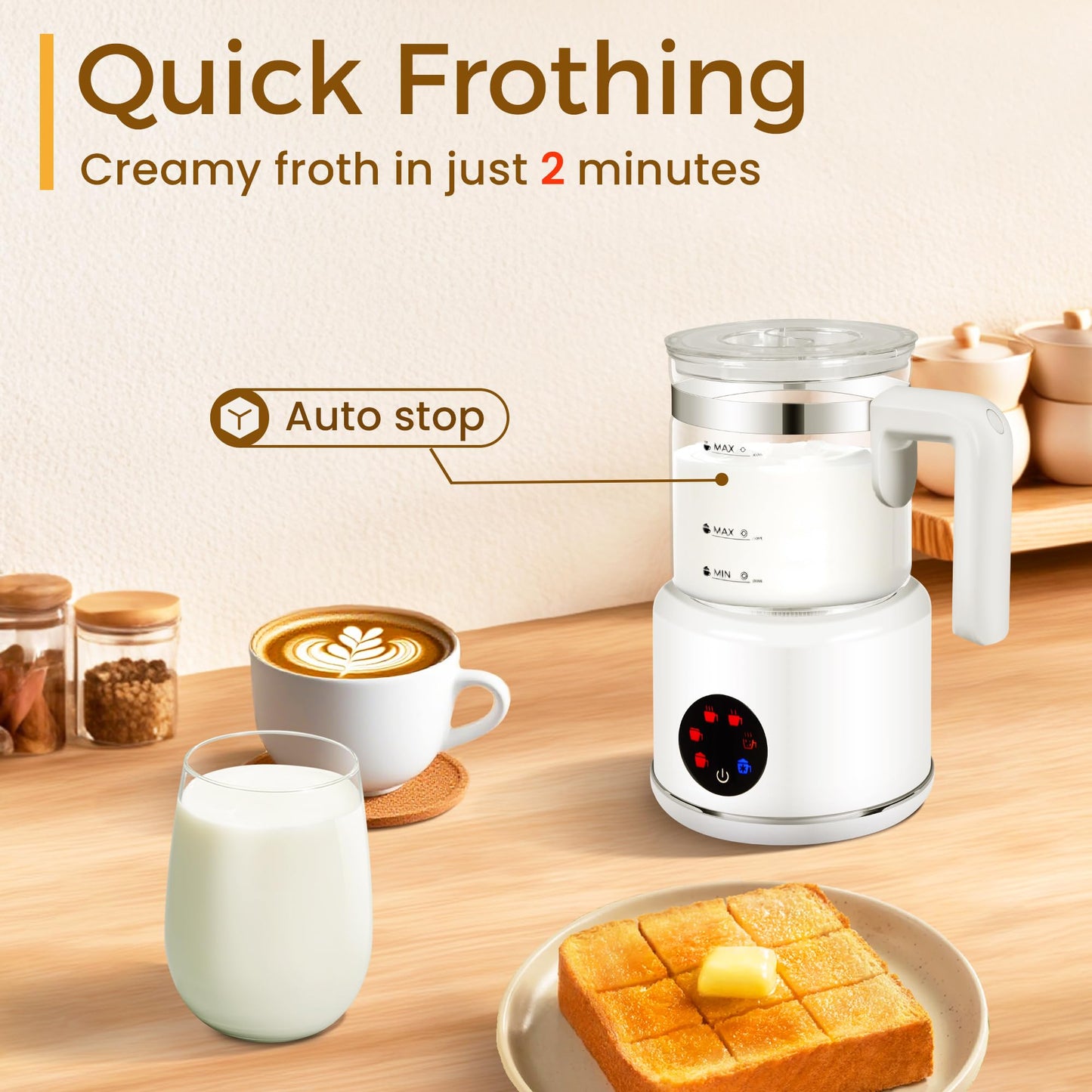 Milk Frother and Steamer, 6 in 1 Milk Steamer and Milk Warmer, 17oz Auto Shut Off Electric Frother with Touch Screen, (CQ1)