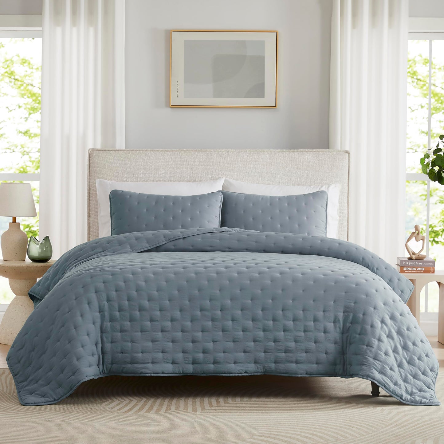 WDCOZY Dusty Blue Cloud King Size Quilt Set, Tan Lightweight Farmhouse Bedspread, Rustic Country Coverlet, Taupe Camel Soft Bedding, Thin Comforter for All Season - 3 Pieces, 104x90 inches