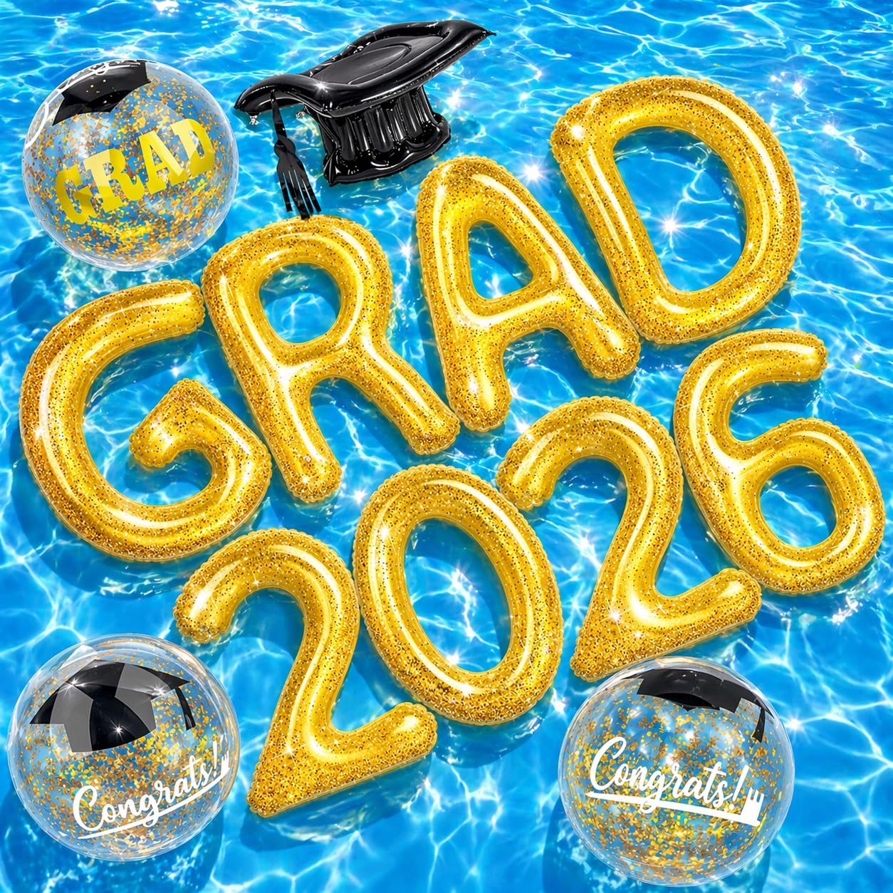 Graduation Inflatable Pool Party Decorations - 12Pcs Grad 2026 Letters 20 x 15 in Gold Pool Float & Graduation Beach Balls Congrats Sign & Grad Cap Inflatable for Class of 2026 Glitter Party Supplies