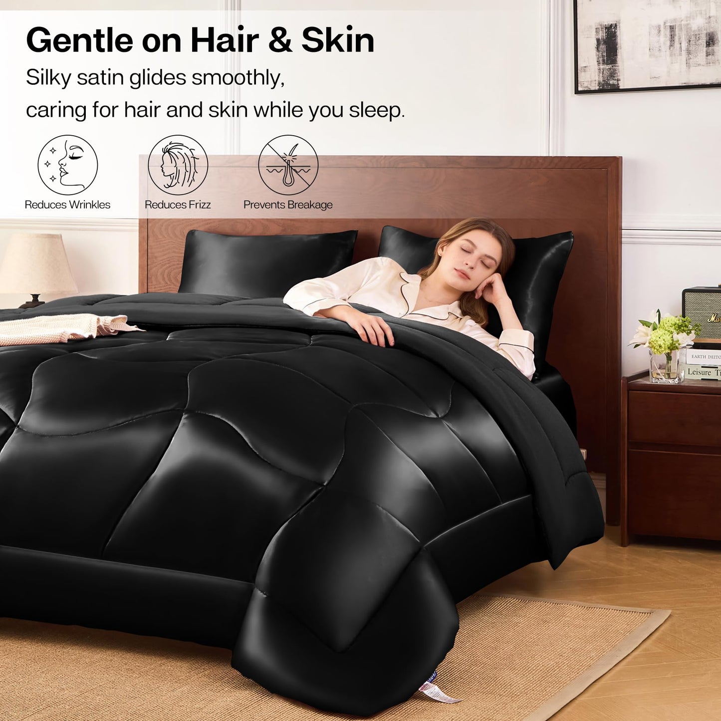 MR&HM Queen Comforter Set Black, Reversible Satin Microfiber Comforter Set for All Seasons, 3 Pieces Non-Slip Silky Soft Bedding Sets with 1 Comforter (90"x90") and 2 Pillowcases (20"x26")