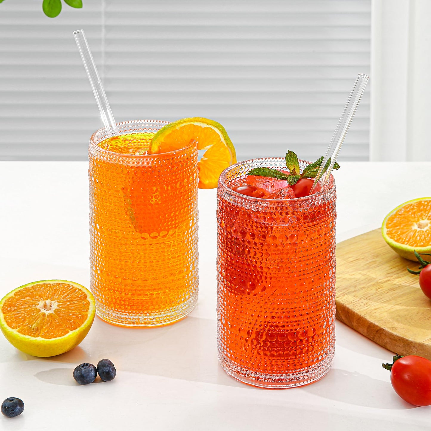 HEFBCOMK Large Vintage Hobnail Drinking Glasses Set of 6, 16oz Clear Highball Glasses Cups, Kitchen Water Glasses Cup, for Cocktail, Juice, Whiskey, Milk and Various Mixed Drinks