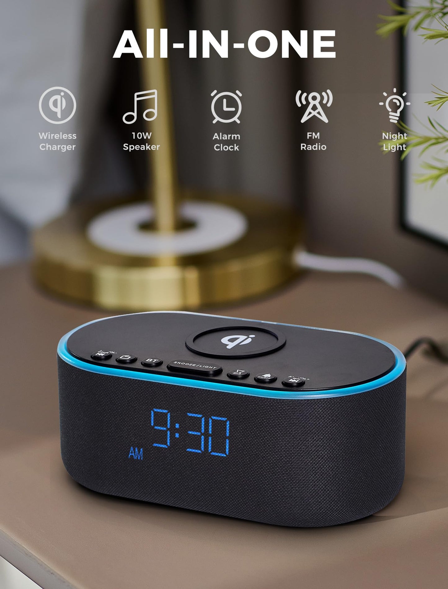 Odokee Wireless Charging Alarm Clock Radio: Qi Certified Fast Wireless Charger for iPhone Samsung - 10W Stereo Bluetooth Speaker - Dimmable Digital Clock with FM Radio for Bedroom Black