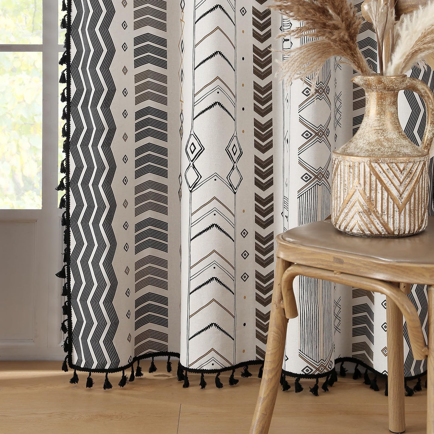 Colorbirtd 100% Blackout Boho Curtains Heat Sun Blocking for Bedroom Living Room 84 Inches Thermal Curtains for Summer Heat Sun Blocking Black and White Western Southwest Black Out Drapes Sliding Door