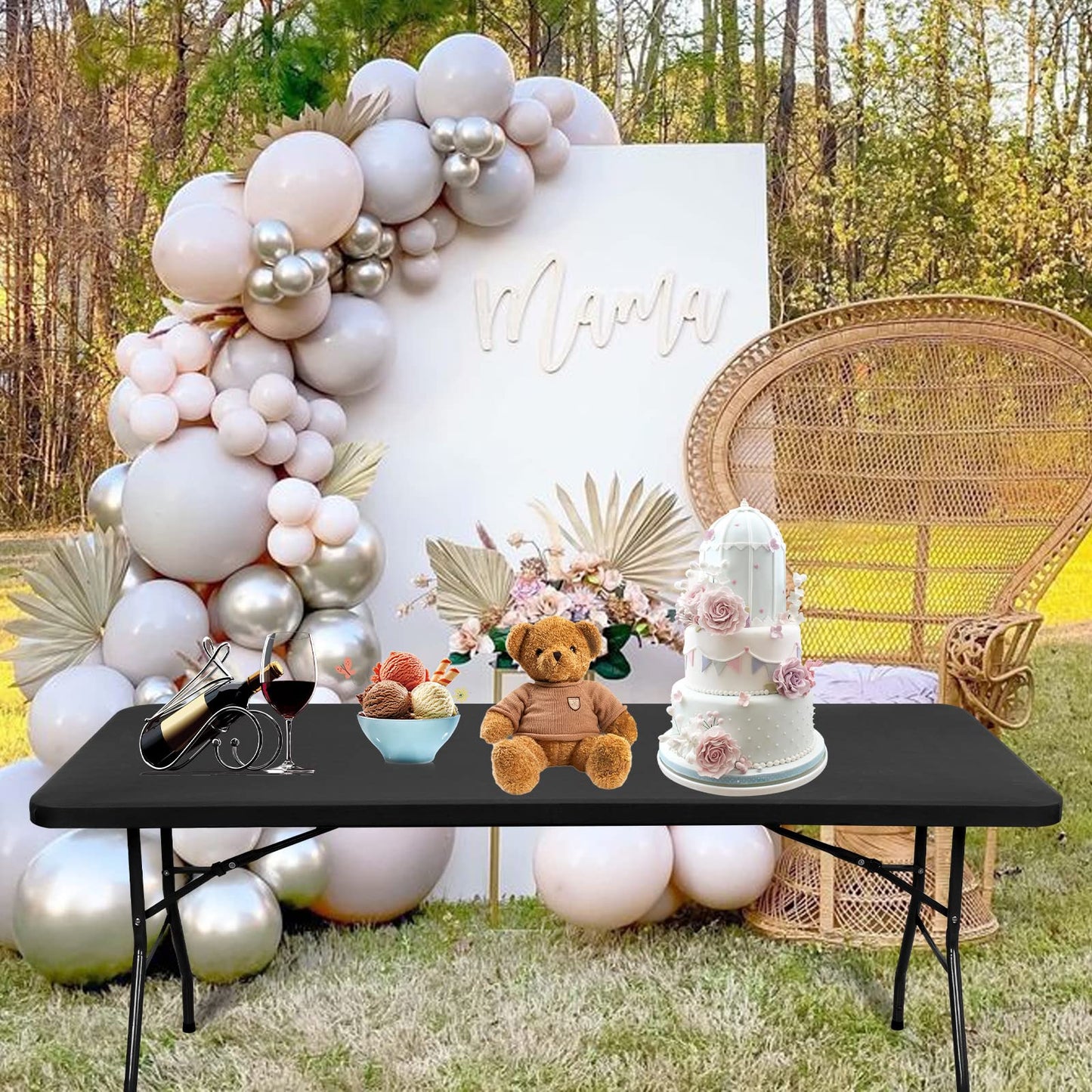 10 Pack Stretch Fabric Table Top Cap Cover, fits 6' Tables, Spandex Table Covers Washable Elastic Universal Rectangle Tablecloth Protector for Indoor Outdoor Party Picnic Wedding, Black, 30" W x 72" L