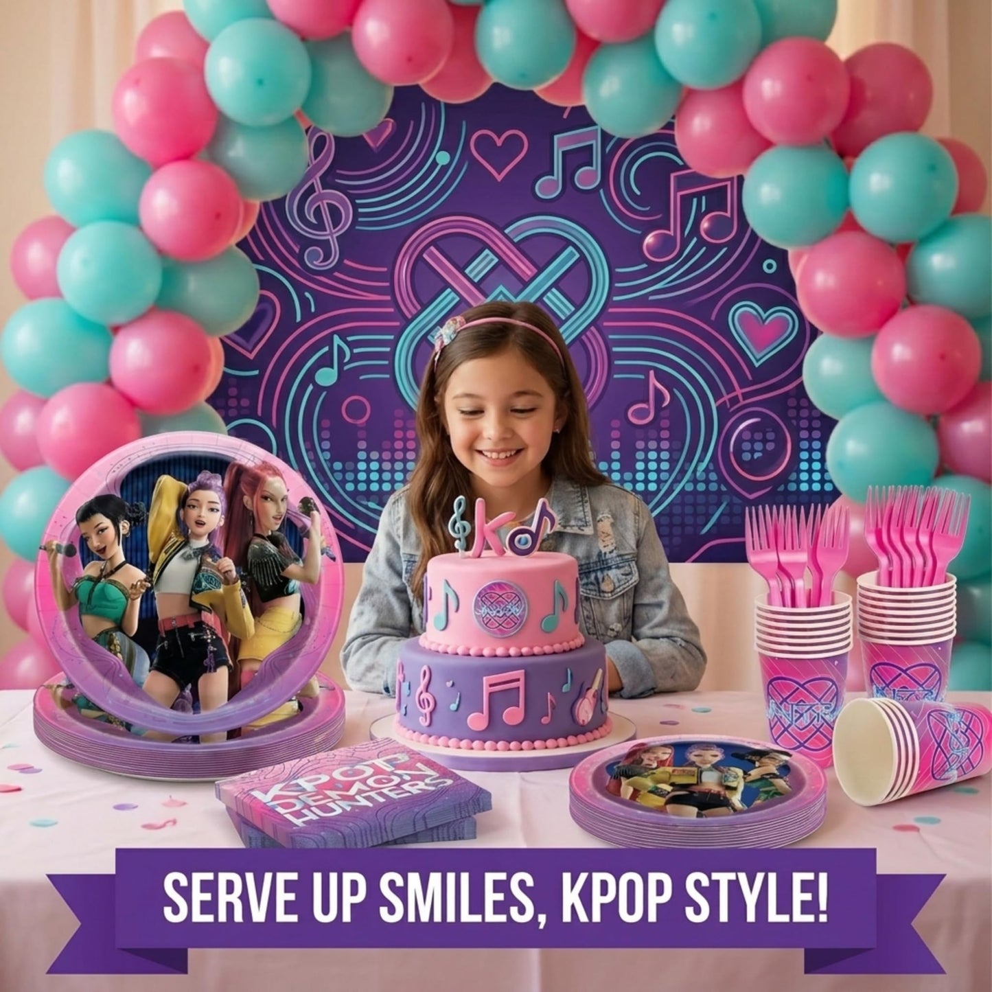 KPop Demon Hunters Birthday Decorations | KPop Demon Hunters Plates and Napkins, Cups, Forks | Officially Licensed
