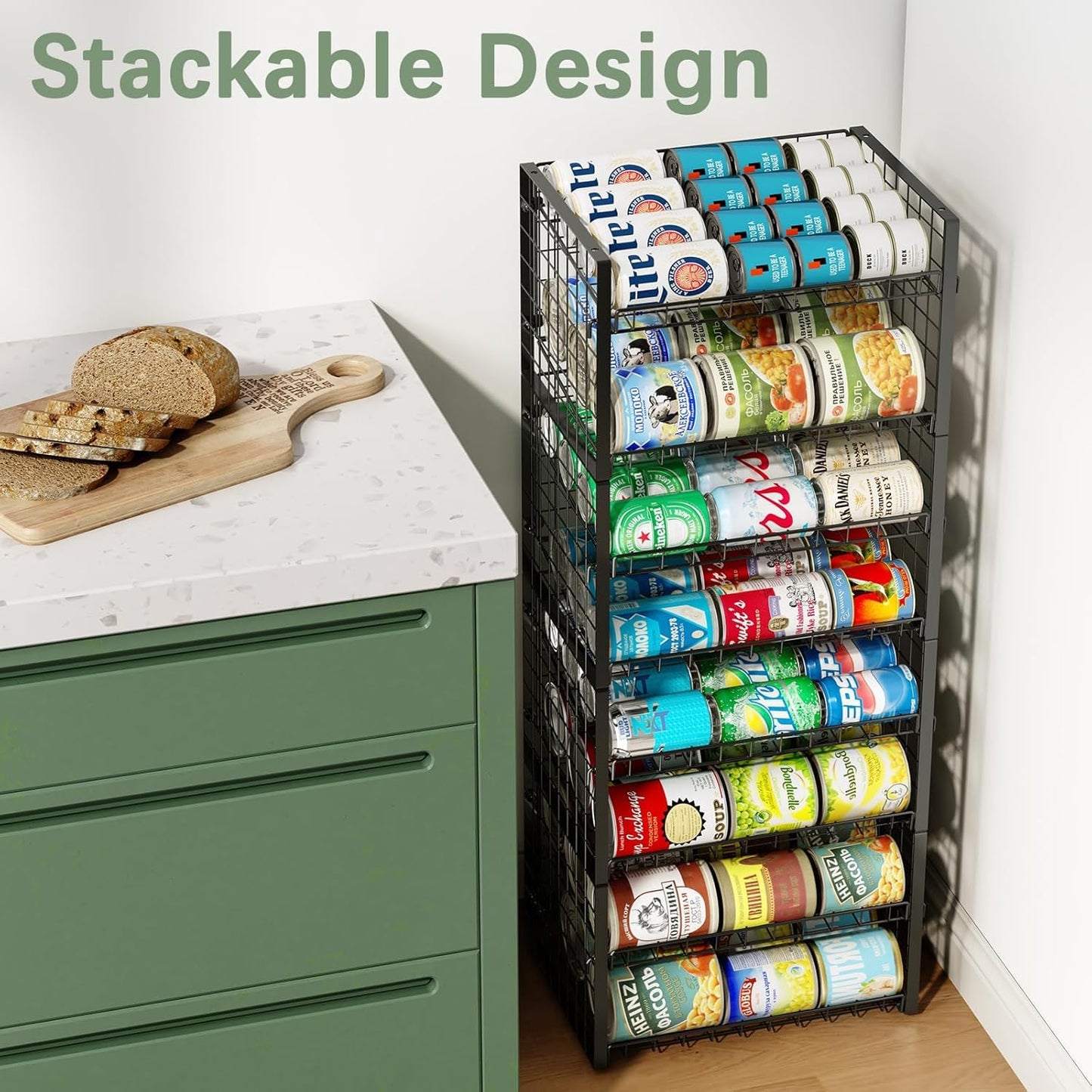 JKsmart 2-Tier Stackable Rack Organizer for Pantry, Adjustable Dispenser Holds Up to 120 Cans, Storage Holder for Various Ounces of Canned Drinks, Black, 4 Pack