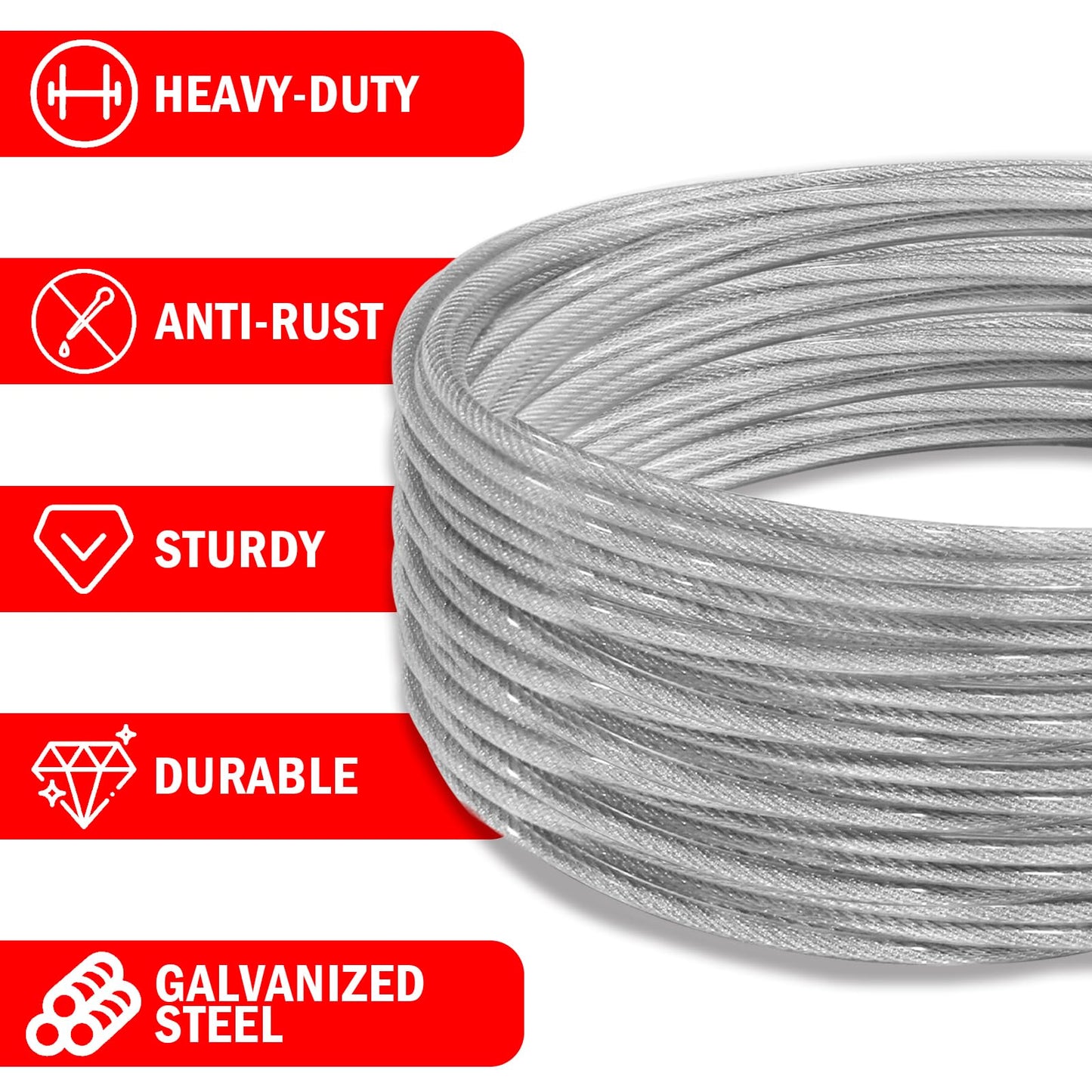 VIVBOO 40ft Clothes Line Outdoors 3/16" Wire Ropes Silver PVC Coating Laundry Drying Clothesline Retractor with Metal Hooks Heavy Duty for Umbrella Travel Outside Camping Backyard