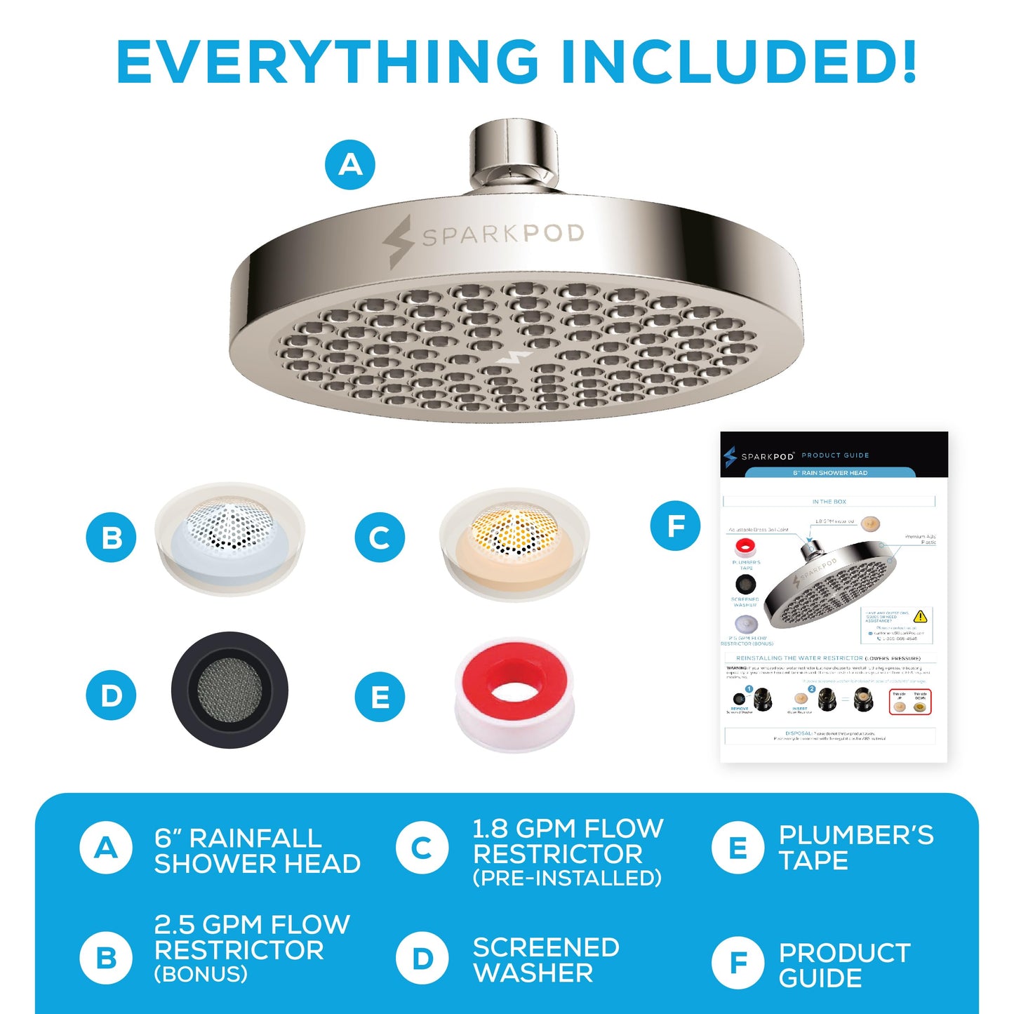 SparkPod Shower Head - High Pressure Rain - Premium Quality Luxury Design - Easy Clean Adjustable Replacement for Your Bathroom Shower Heads (Elegant Brushed Nickel, 6 Inch Round)