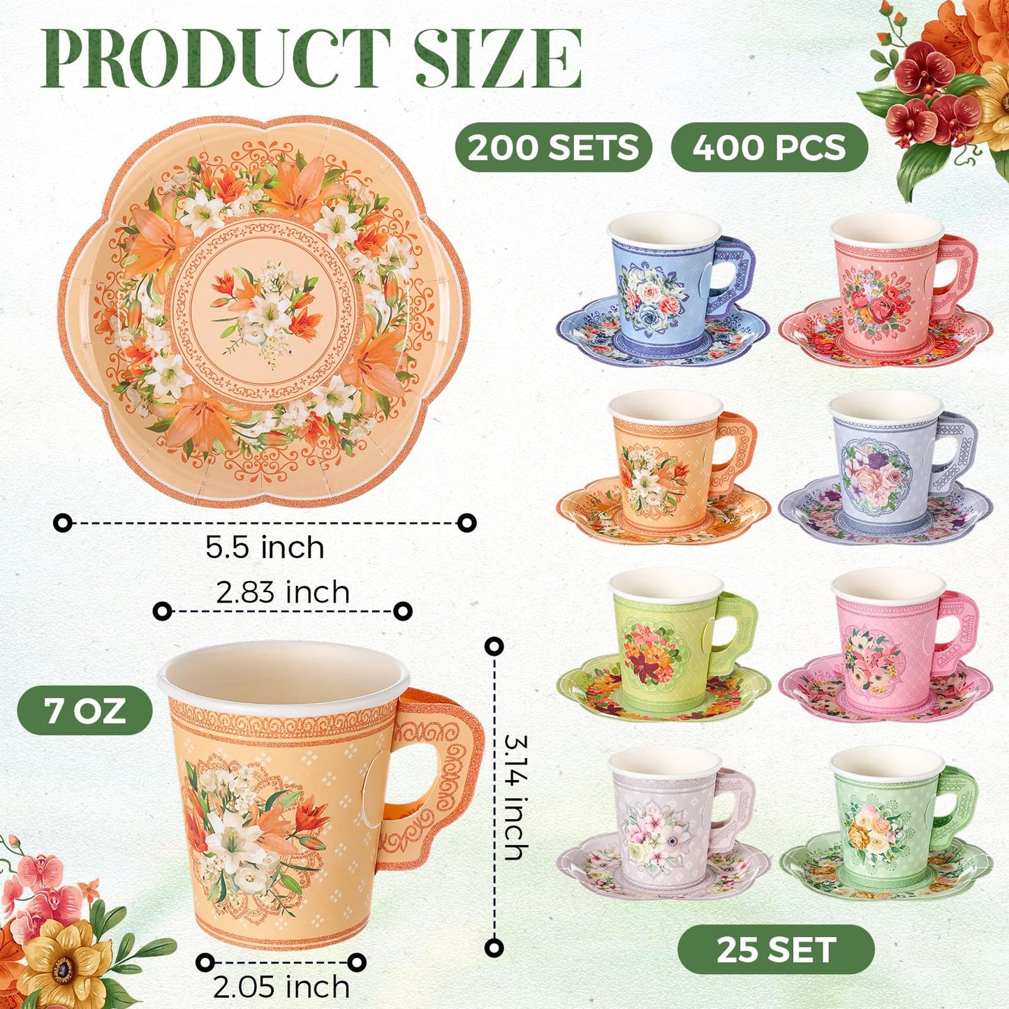 Nuogo 400 Pcs Floral Paper Tea Cups and Saucers Disposable Tea Party Supplies, 200 Sets 7 oz Vintage Teacups with Handles and Plates for Wedding Birthday Baby Shower Bridal Garden Summer Party