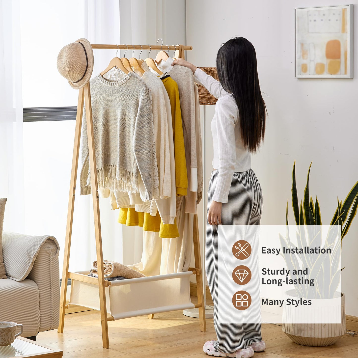 FILWH Bamboo Clothes Rack with Storage Box Foldable Garment Holder Coat Rack Freestanding Coat Stand Child Clothing Stand for Hanging Coat Dress up Racks (Natural, Large)