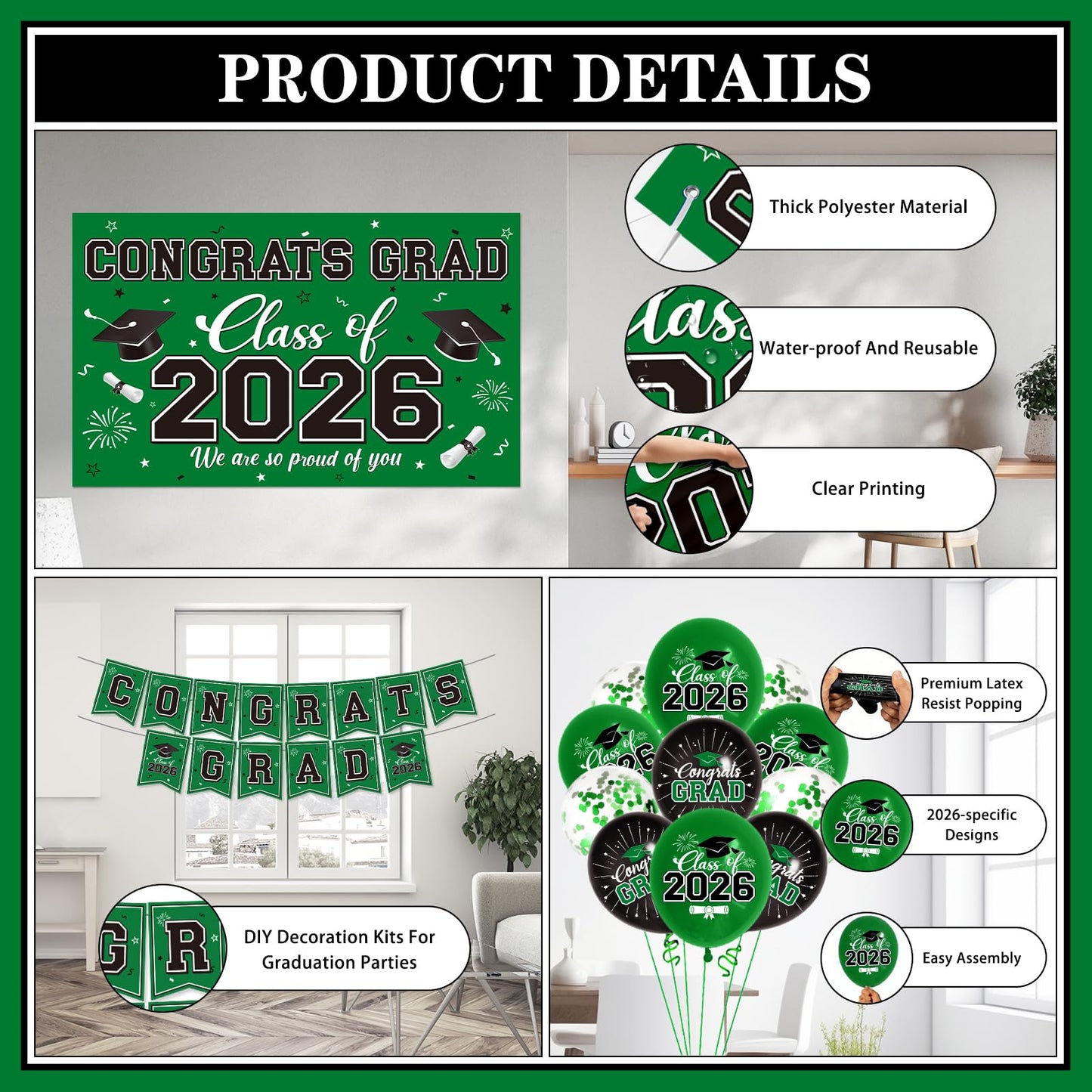 Graduation Decorations 2026 Green Party Decor Set with Congrats Grad Banner, Class of 2026 Backdrop, Balloons, Box & Streamers Supplies for High School & College Celebrations