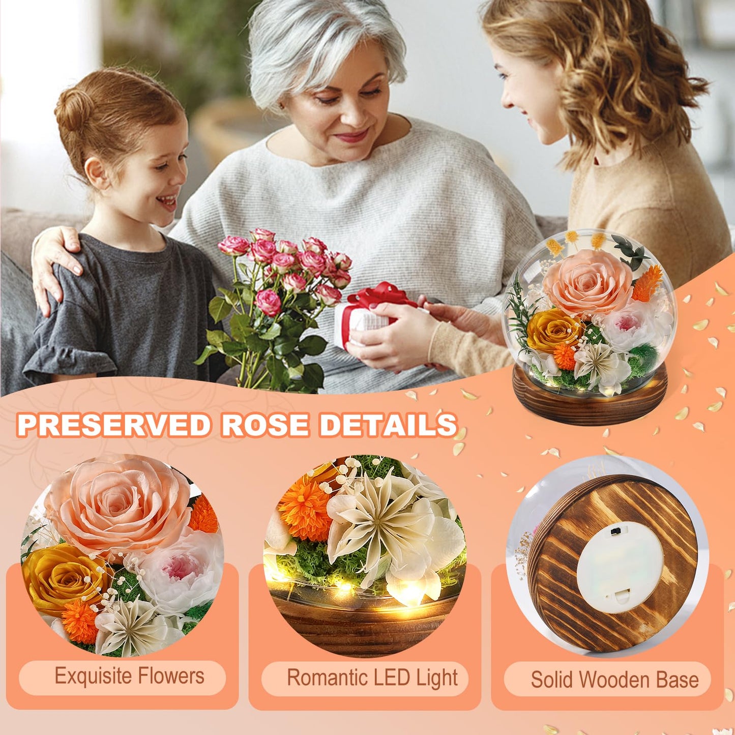FIACO Gifts for Mom Flowers for Delivery Birthday Gifts for Women Grandma Forever Preserved Eternal Rose in Glass Dome Mother Days Valentines Anniversary for Girlfriend Wife Her, Champagne