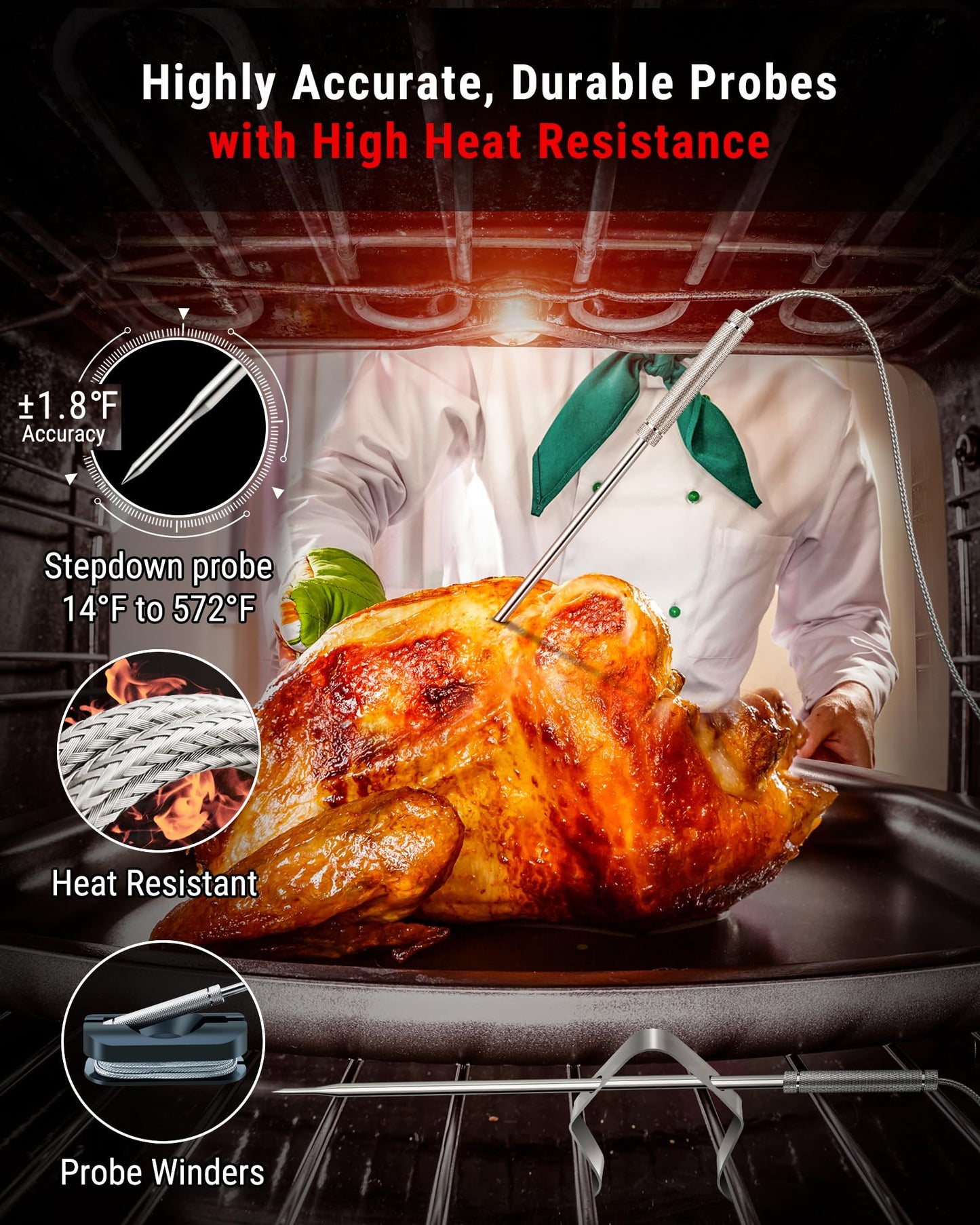 TempPro TP826 500FT Wireless Meat Thermometer, Dual Meat Probe Cooking Thermometer with HI/Low Alert, Food Grill Temperautre Probe for BBQ, Smoker, Oven, Grilling Gift (Previously ThermoPro)
