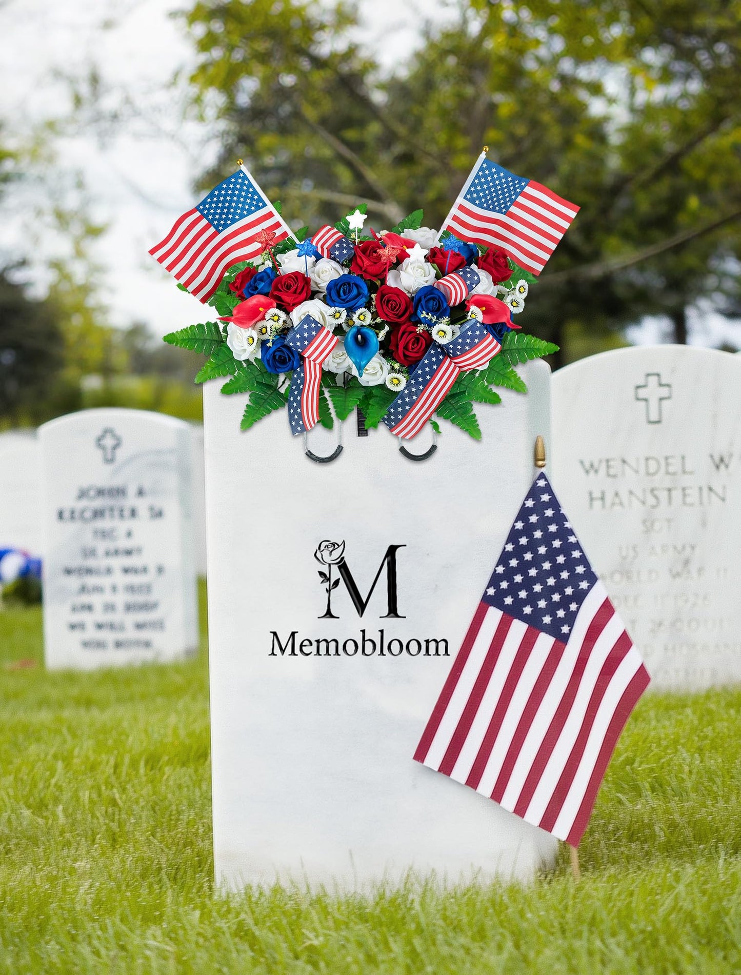 Memobloom Memorial Day Decorations for Cemetery: Patriotic Red White Blue Headstone Flower Saddle - Outdoor Artificial Velet Roses Cemetery Flowers for Grave with Flags for 250th Birthday of America