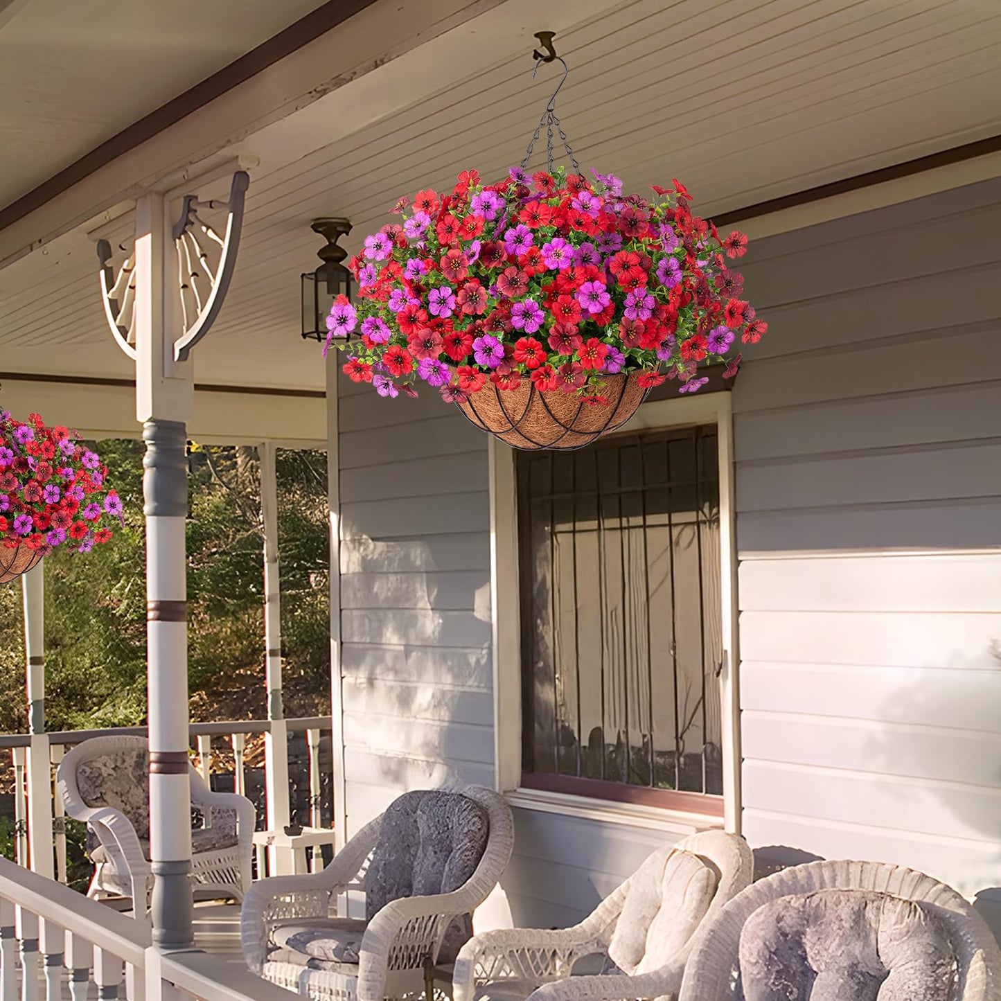 Artificial Silk Flowers Hanging Baskets Outdoors Indoors, Daisy with Eucalyptus Leaves Arrangement for Garden Yard Spring Summer Decor Faux Green Plant Metal Coconut Lining (Red Purple Red Brown)