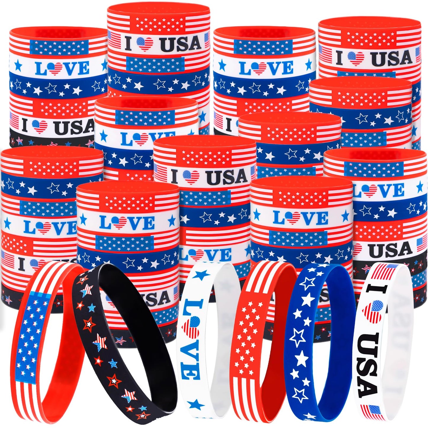 Moon Boat 144PCS 4th/Fourth of July Accessories Party Favors: Patriotic Silicone Rubber Bracelets Bulk USA Flag Wristbands American Memorial Day Decorations Gifts Supplies