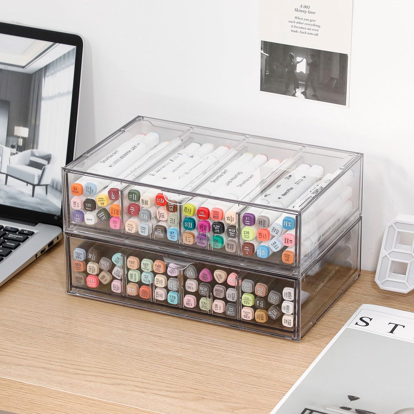 GOXITAX Clear Pen Organizer with Drawer, 2 Pack Plastic Desk Accessories Storage Box with Removable Dividers for Home Office, School Supplies, Stationery, Art Crafts, Stackable Pencil Holder