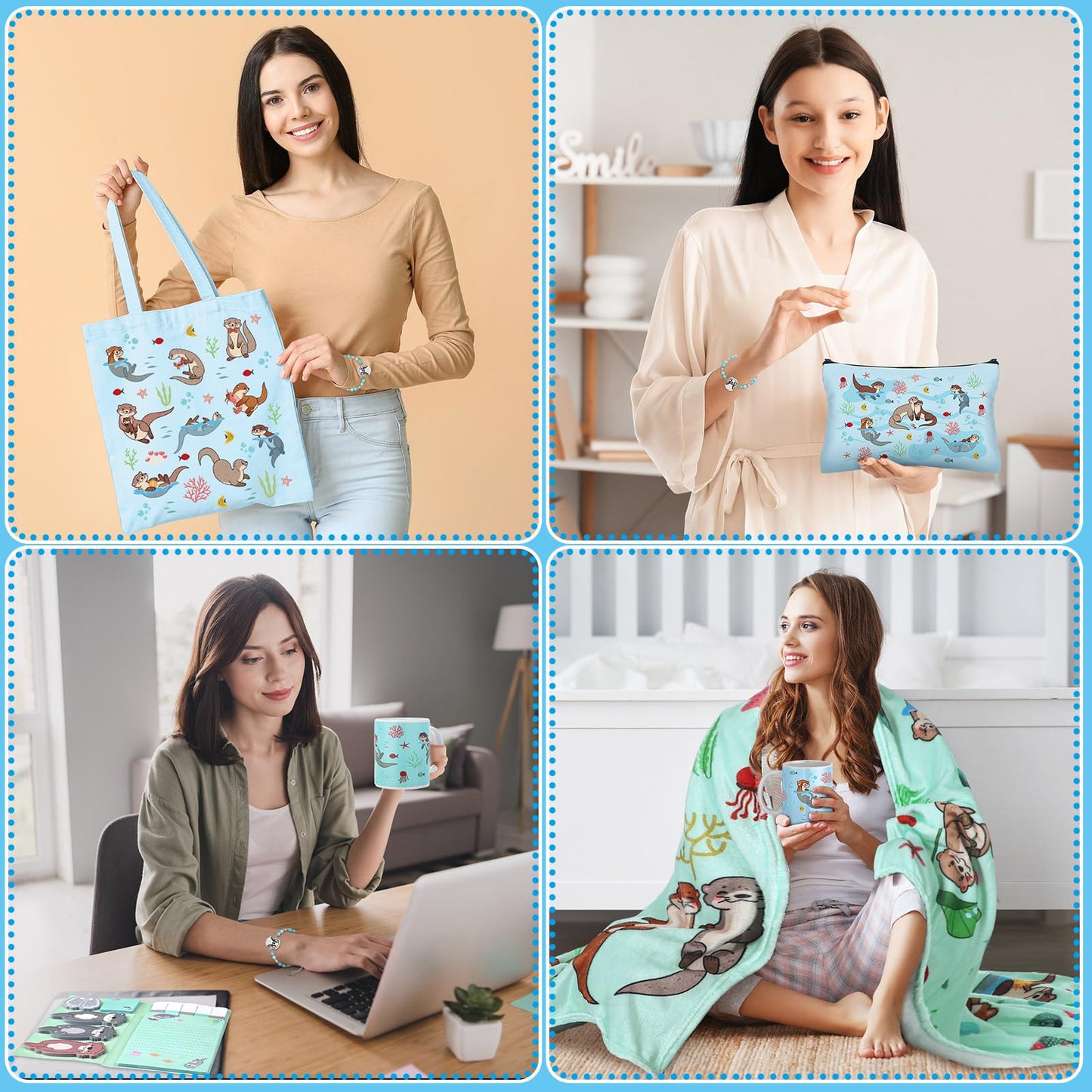 Potchen 8 Pcs Otters Gifts Set Including Blanket Socks Coffee Mug Tote Bag Cosmetic Bag Sticky Notes Set Plush Keychain Bracelet Graduation Birthday Gifts for Otter Sea Animal Lovers Men Women
