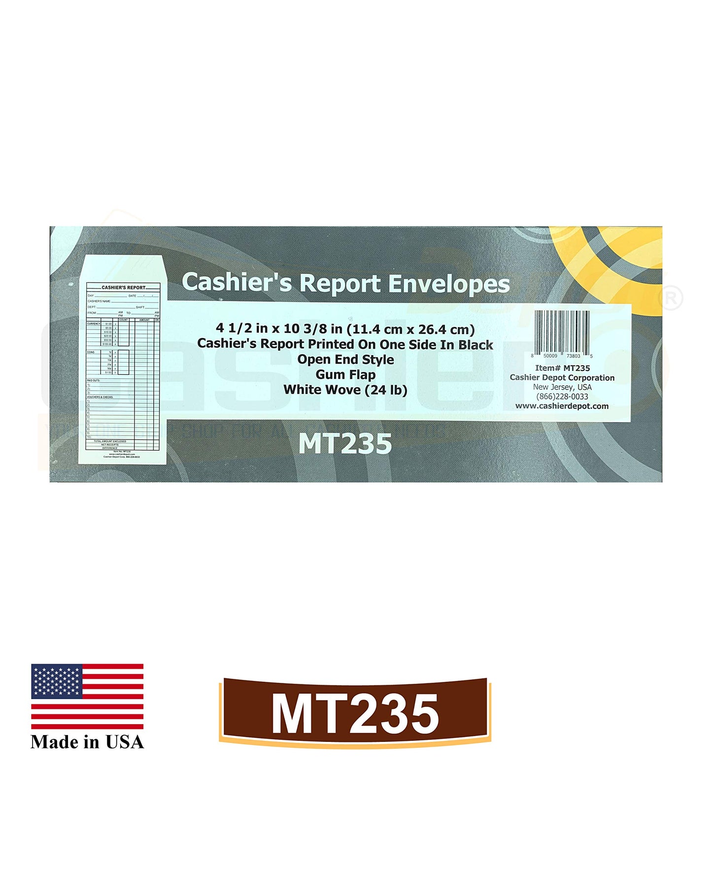 500 Cashier Depot - Cashier’s Report Envelopes MT235 – 4 1/2" x 10 3/8", White 24lb Paper, Cash Deposit Report, Money Envelopes for Retail, Restaurants, Hotels, Small Business, Gum Flap, 500 Count
