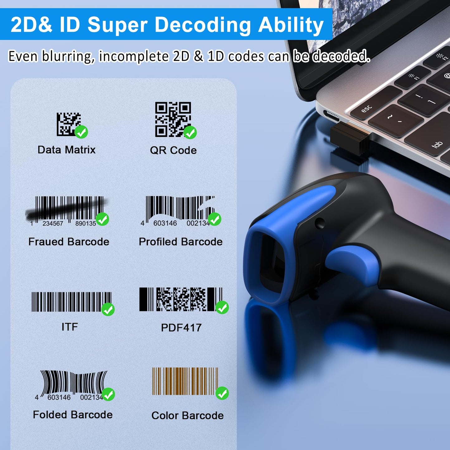 Symcode Wireless Bluetooth Barcode Scanner,3-in-1 Bluetooth & USB Wired & 2.4G Wireless Barcode Reader Scanner 2D 1D QR Code Automatic Fast Precise Bar Code Scanner for Phone Laptop Tablet