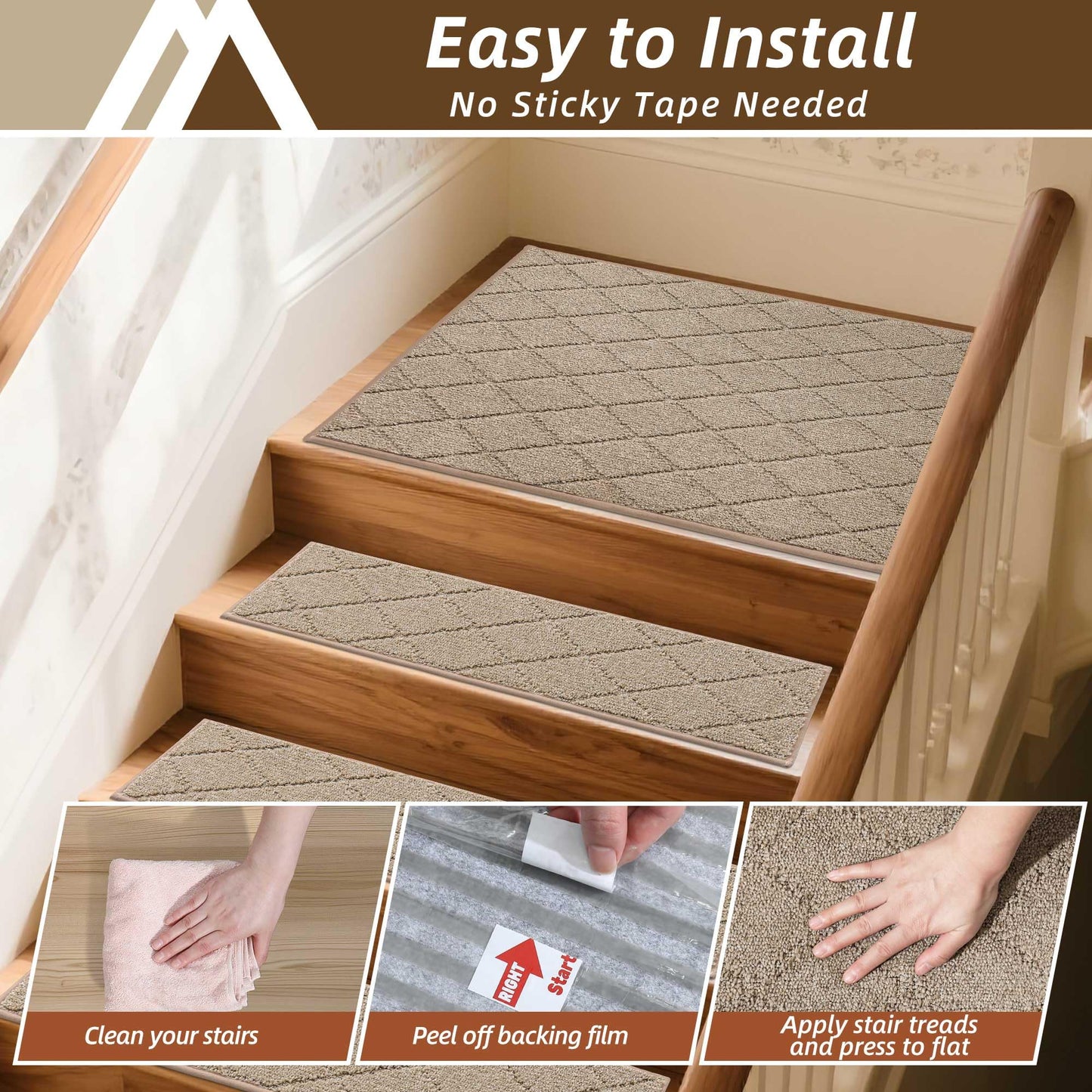 COSY HOMEER Edging Stair Treads Non-Slip Corner Indoor Stair Runners for Wooden Steps,Landing Slip Resistant Stair Rugs Mat for Kids and Dogs,100% Polyester TPE Backing,Beige,30x30 inch