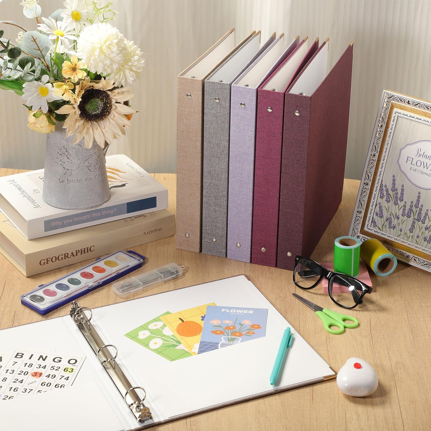 Fulmoon 6 Pcs Aesthetic 3 Ring Binders with Linen Cover 1 Inch Round Rings Binder with Inner Pocket 8.5" x 11" Binder Fits Letter Sized Durable for School Office and Home (Lavender)